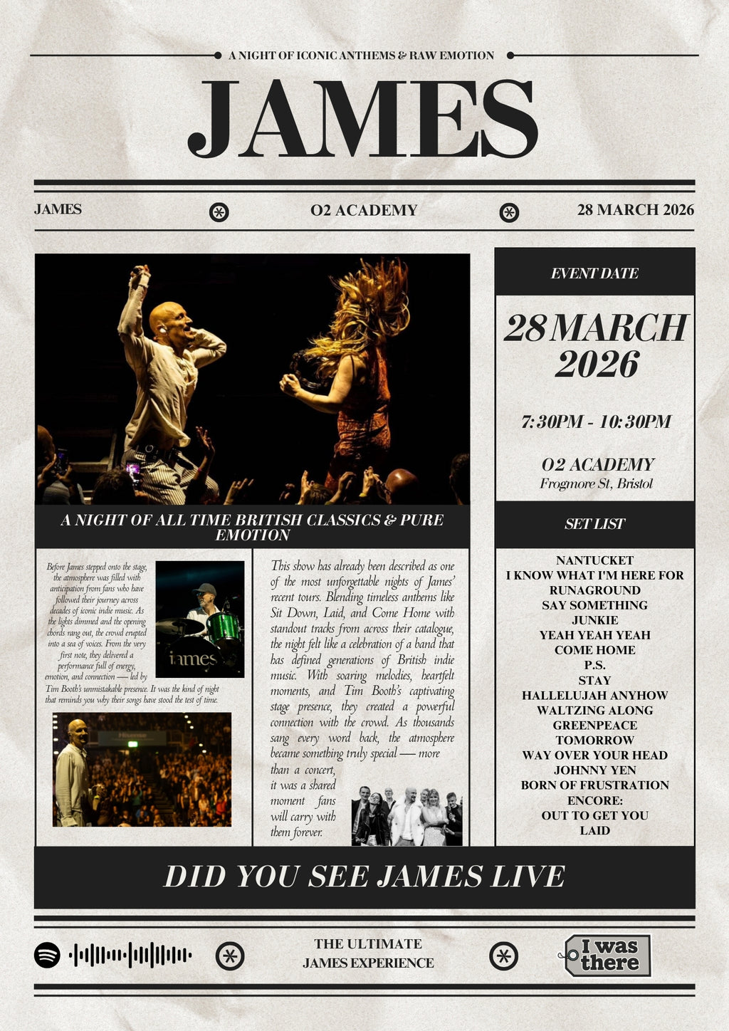 James - Personalised Newspaper Style Concert Poster