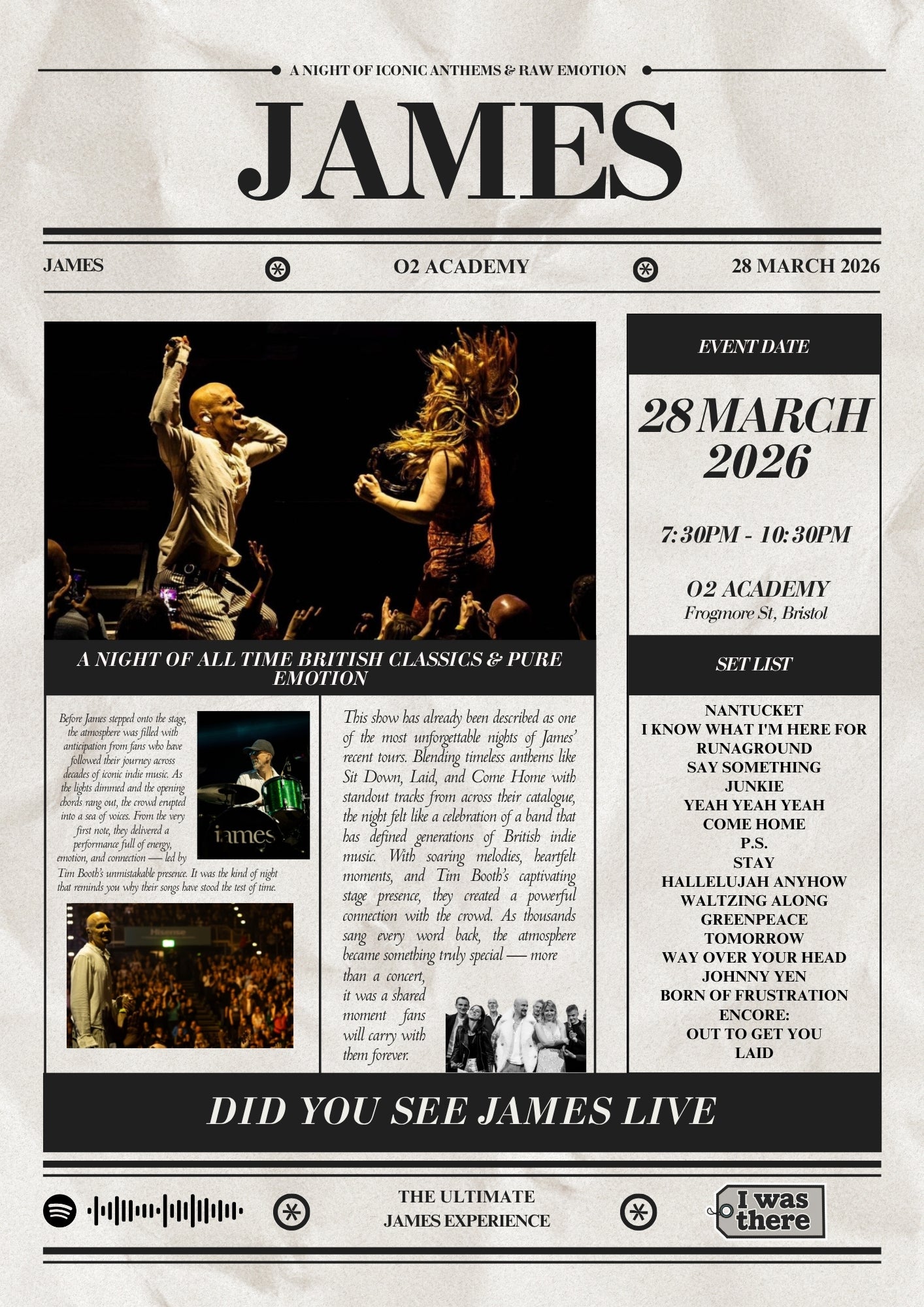 James - Personalised Newspaper Style Concert Poster
