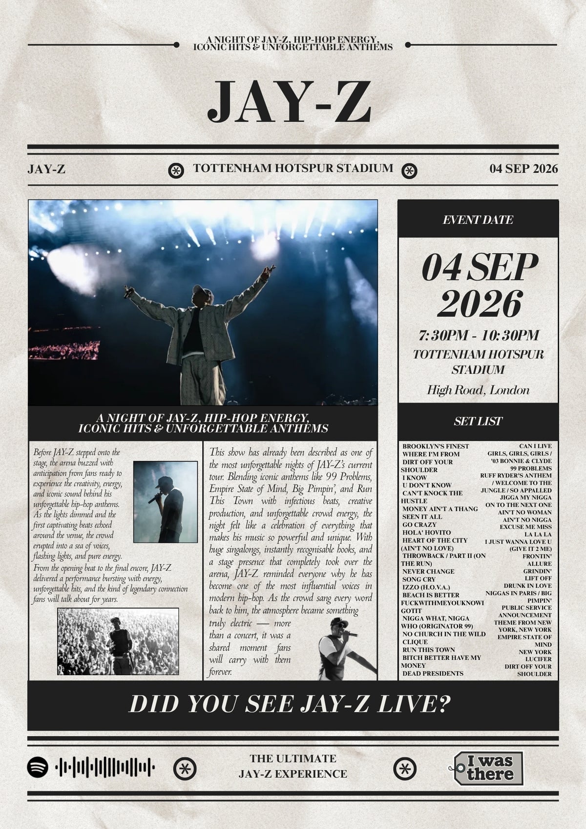 Jay-Z - Personalised Newspaper Style Concert Poster