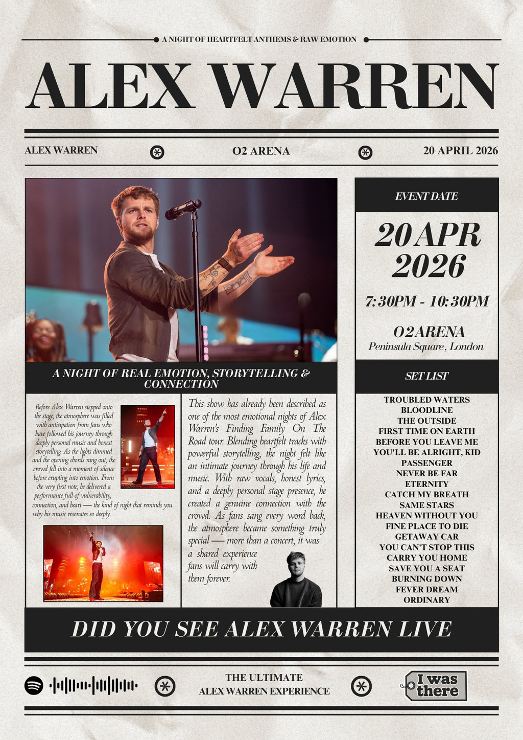 Alex Warren - Personalised Newspaper Style Concert Poster