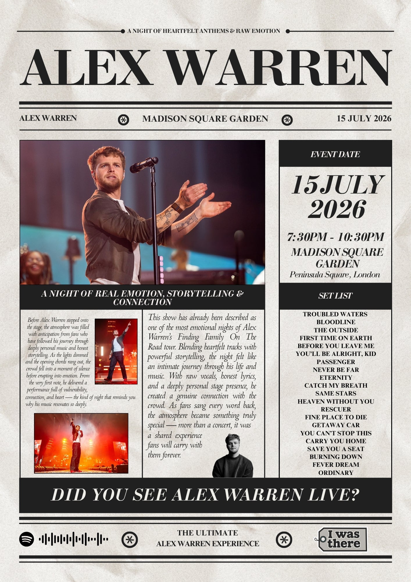 Alex Warren - Personalised Newspaper Style Concert Poster (USA Tour)