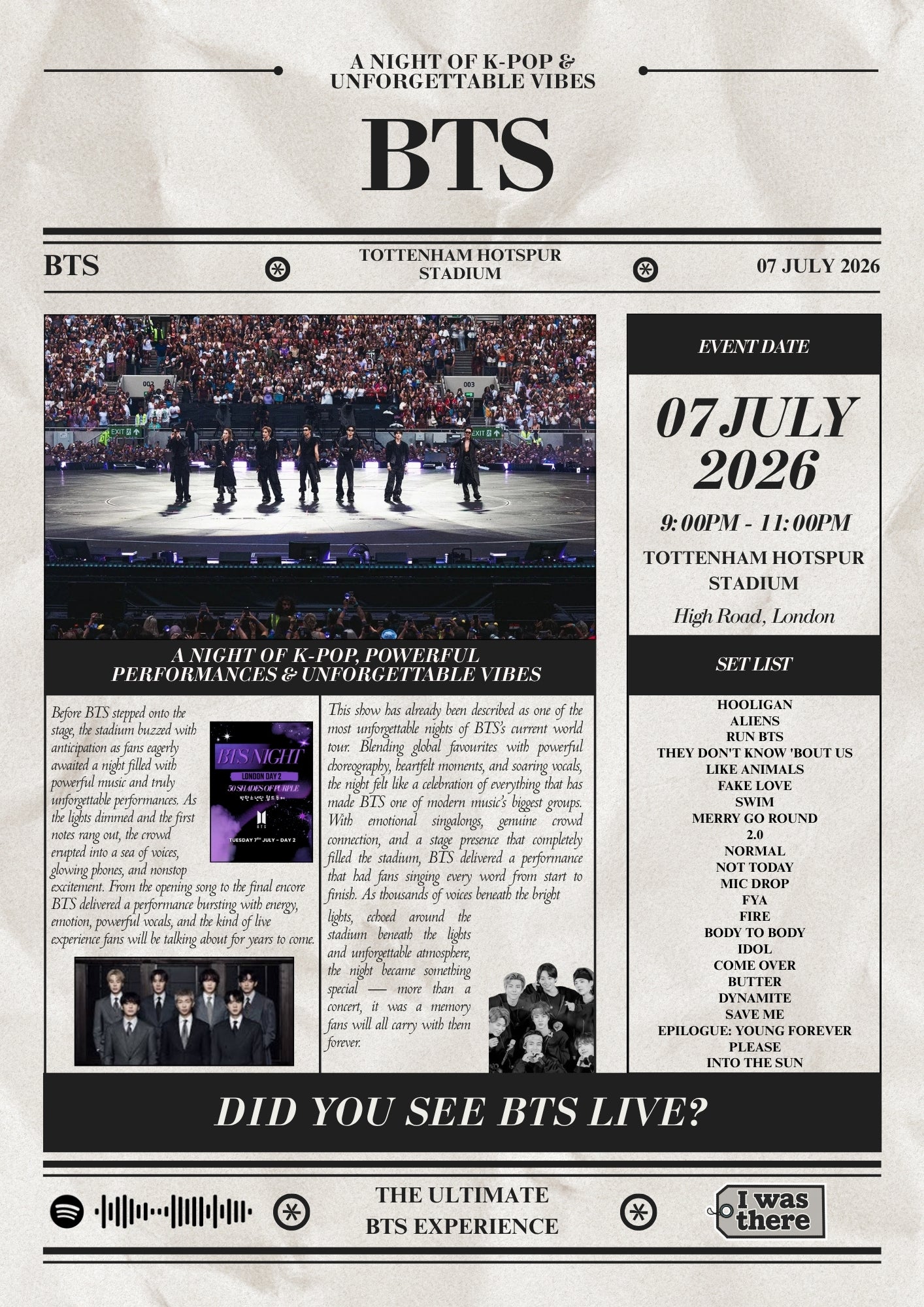 BTS - Personalised Newspaper Style Concert Poster