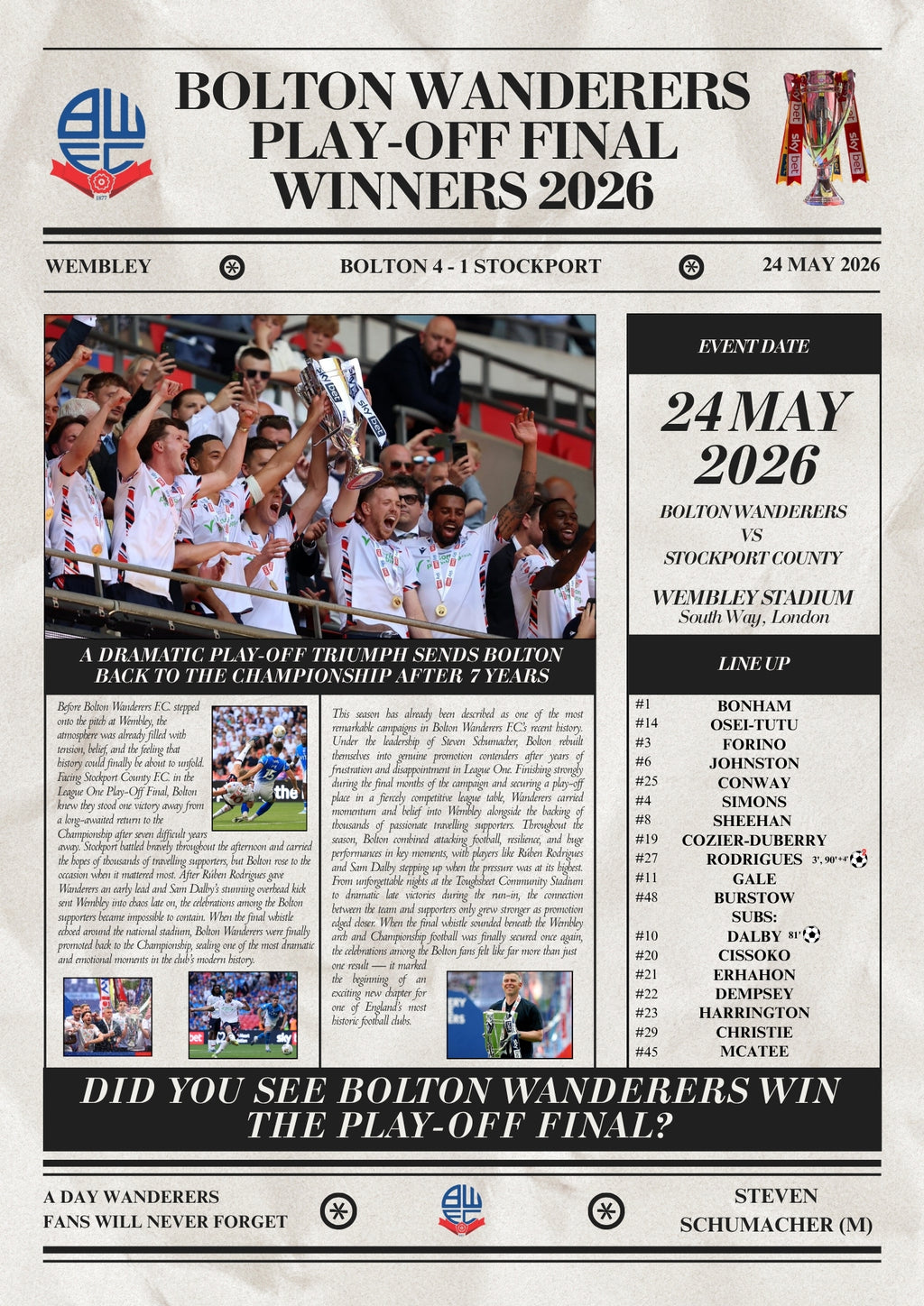 Bolton Wanderers Play Off Winners 2026 - Newspaper Style Poster