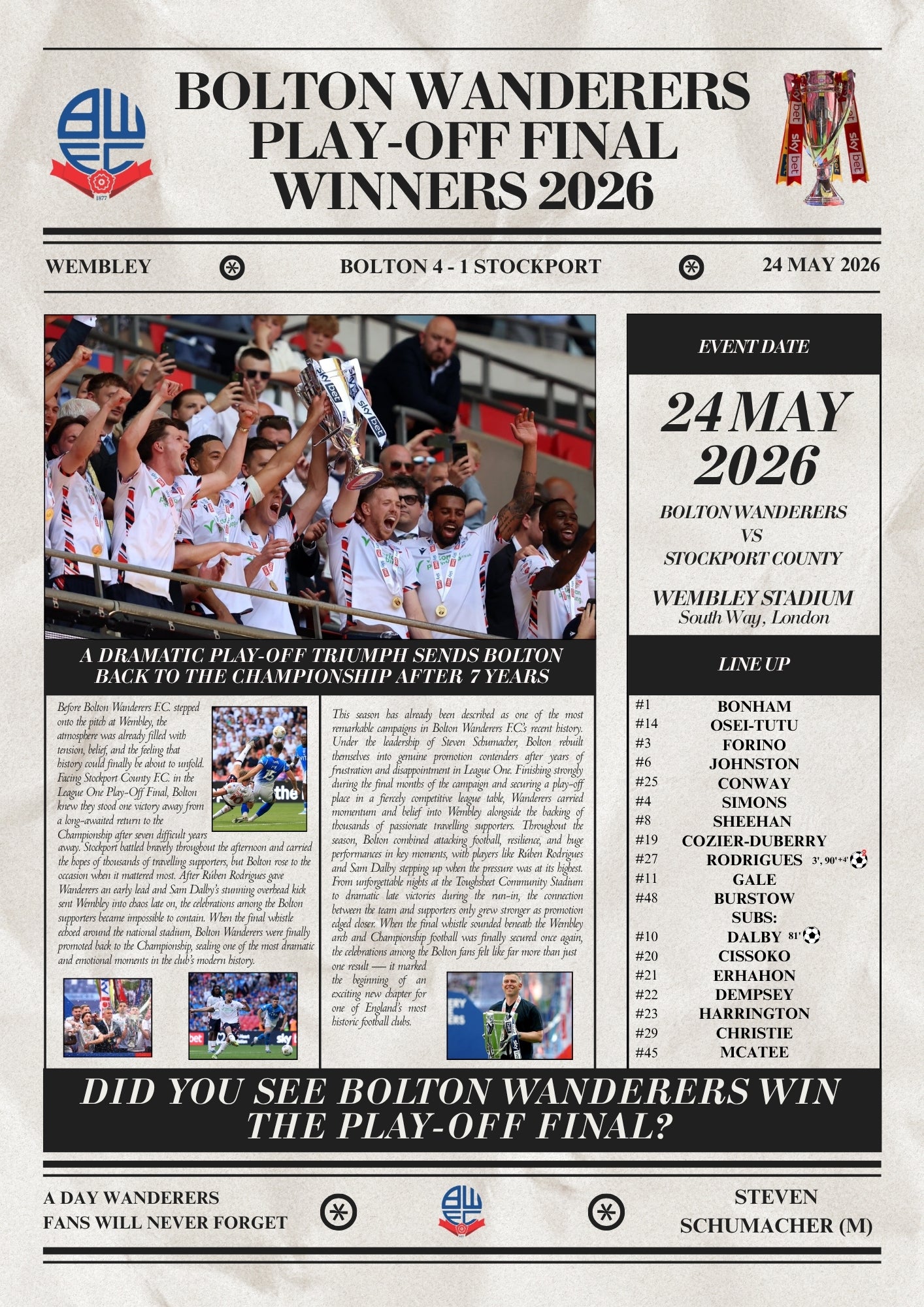 Bolton Wanderers Play Off Winners 2026 - Newspaper Style Poster