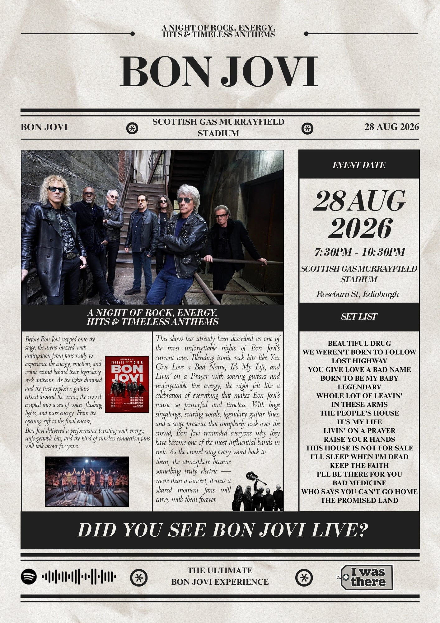 Bon Jovi - Personalised Newspaper Style Concert Poster