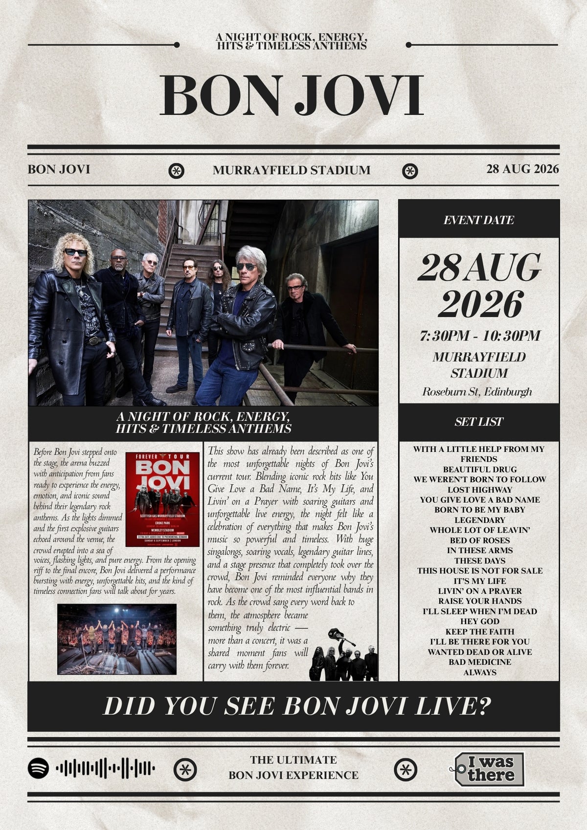 Bon Jovi - Personalised Newspaper Style Concert Poster