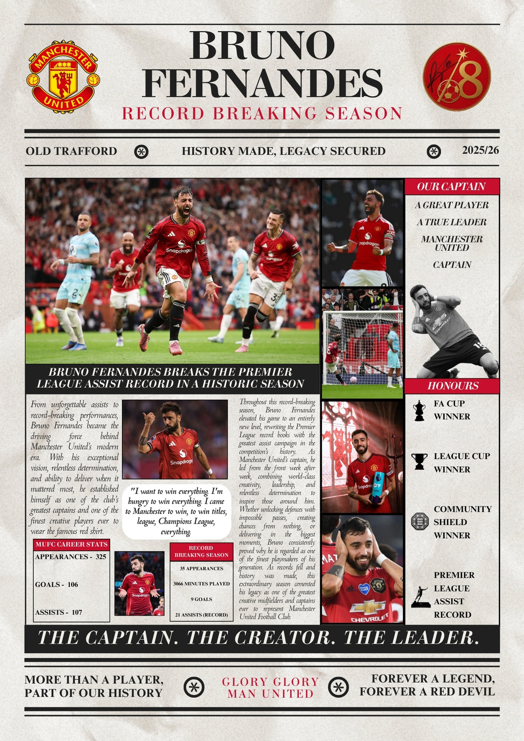 Bruno Fernandes Record Breaking Season Poster - Man United Newspaper Style Print