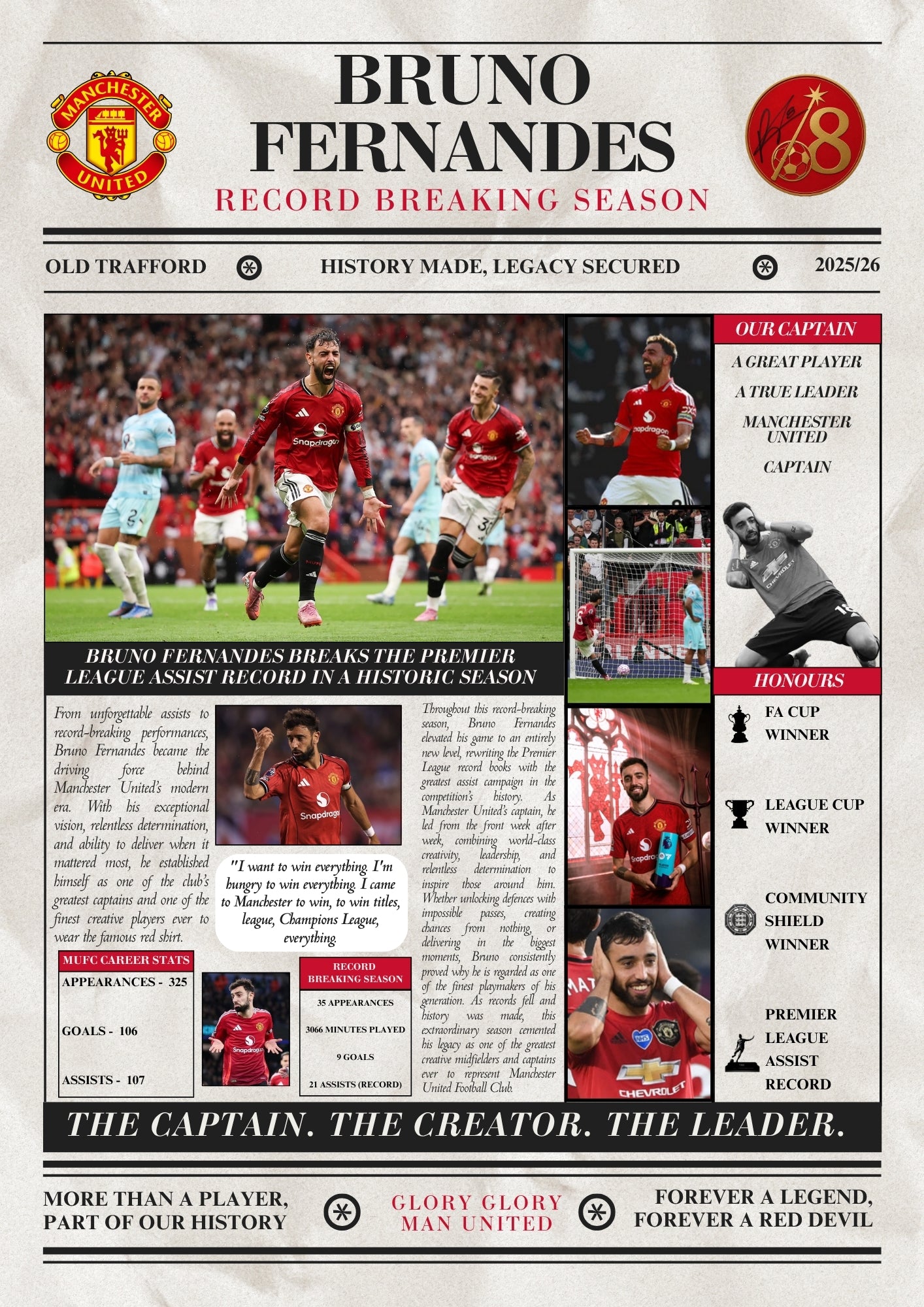 Bruno Fernandes Record Breaking Season Poster - Man United Newspaper Style Print