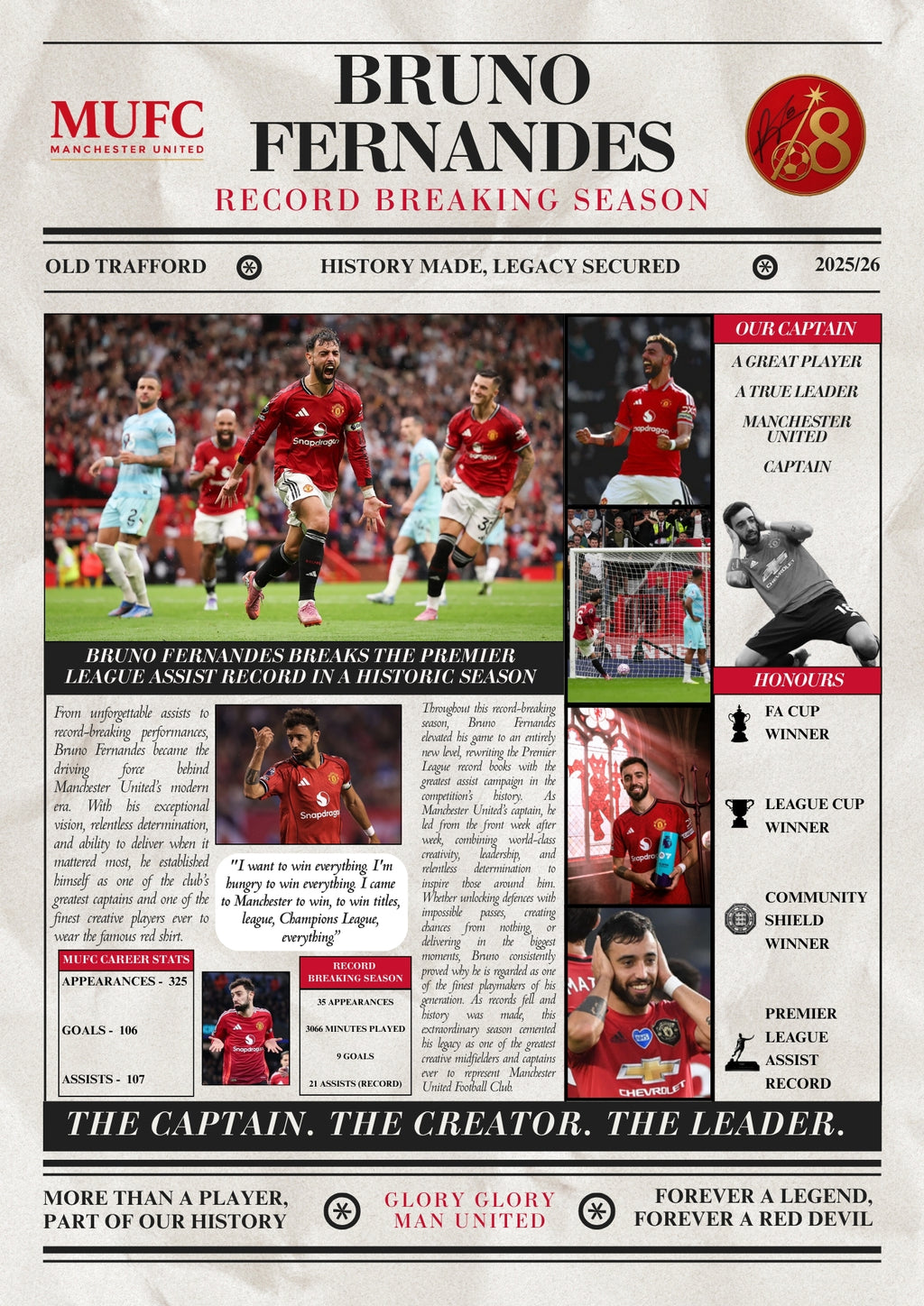 Bruno Fernandes Record Breaking Season Poster - Man United Newspaper Print