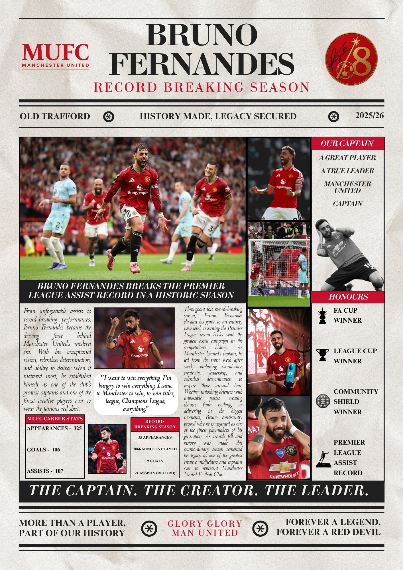 Bruno Fernandes Record Breaking Season Poster - Man United Newspaper Style Print