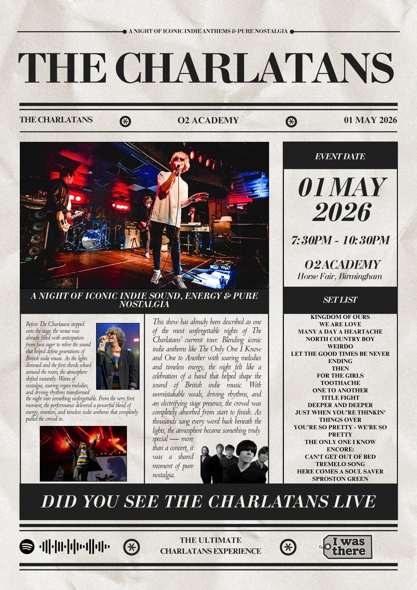 The Charlatans - Personalised Newspaper Style Concert Poster