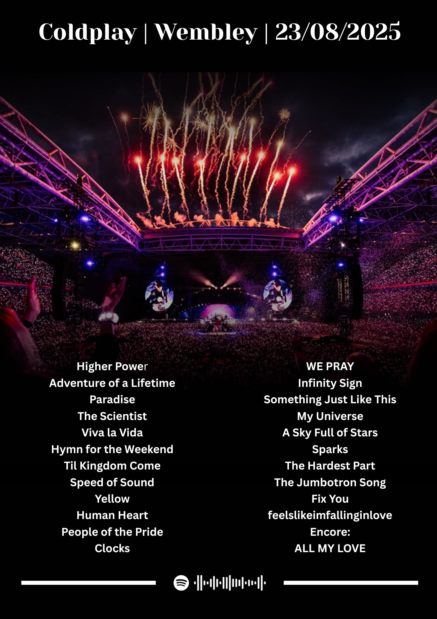 Coldplay Personalised Fireworks Setlist Poster