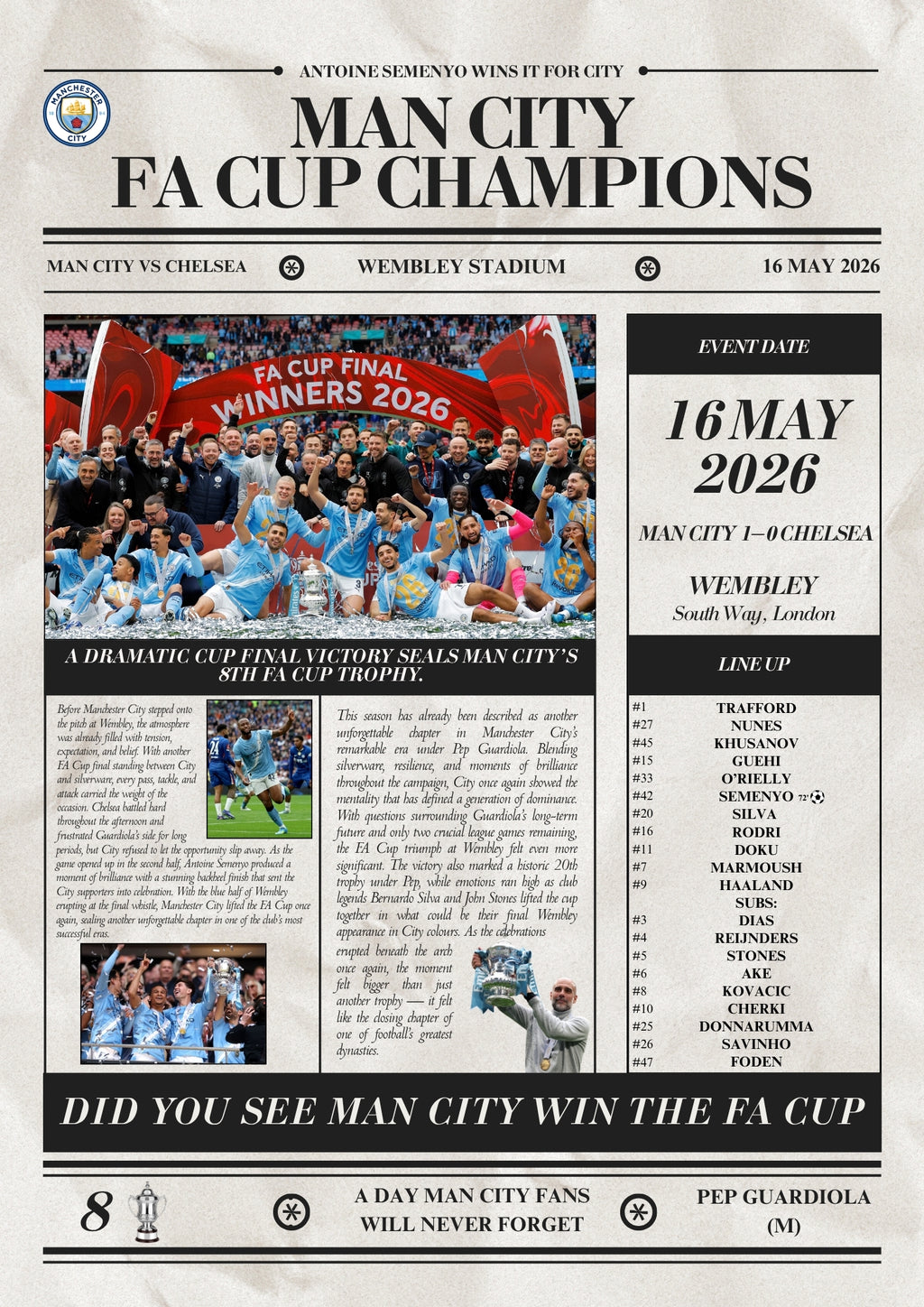 Man City FA Cup Champions 2026 - Newspaper Style Poster