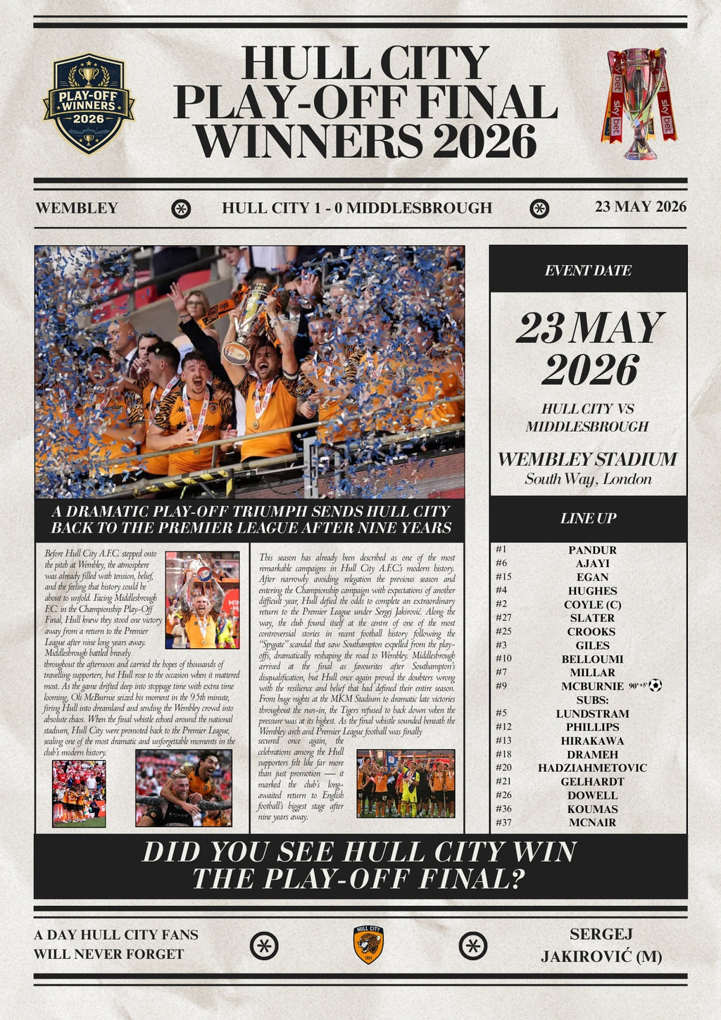 Hull City Play Off Winners 2026 - Newspaper Poster