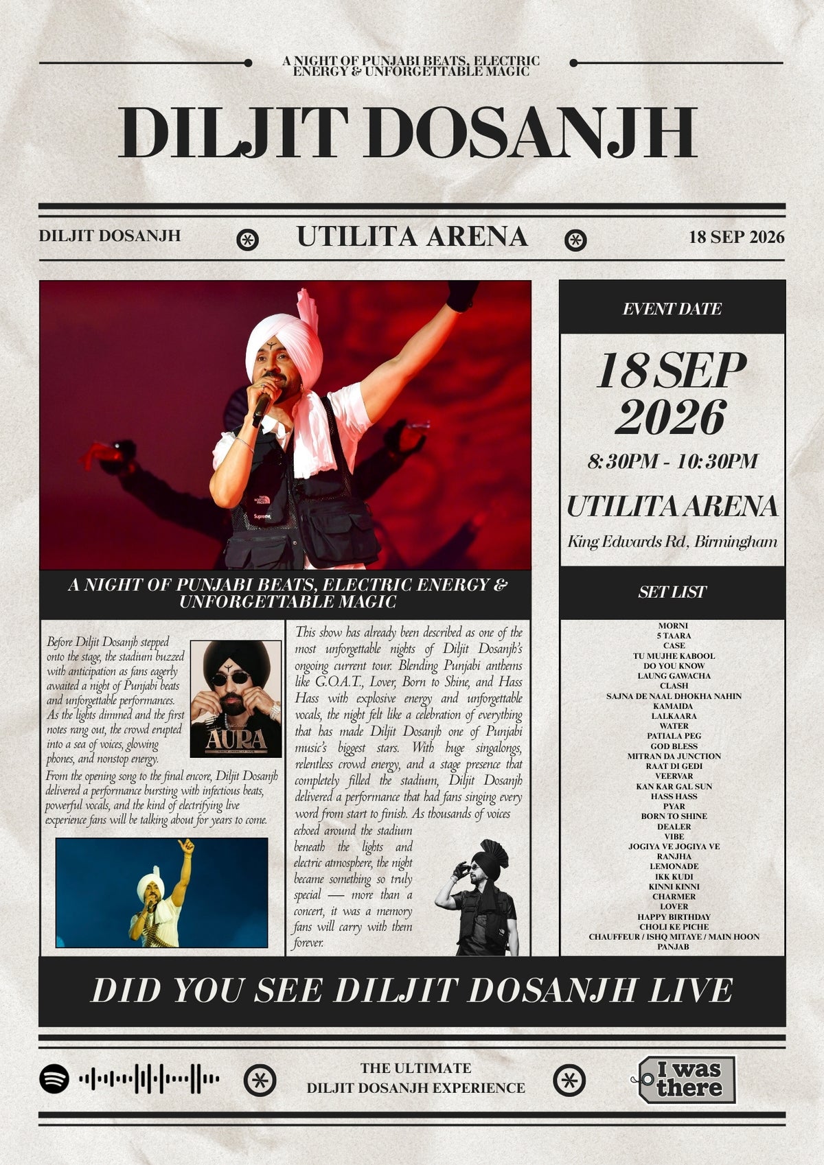 Diljit Dosanjh - Personalised Newspaper Style Concert Poster