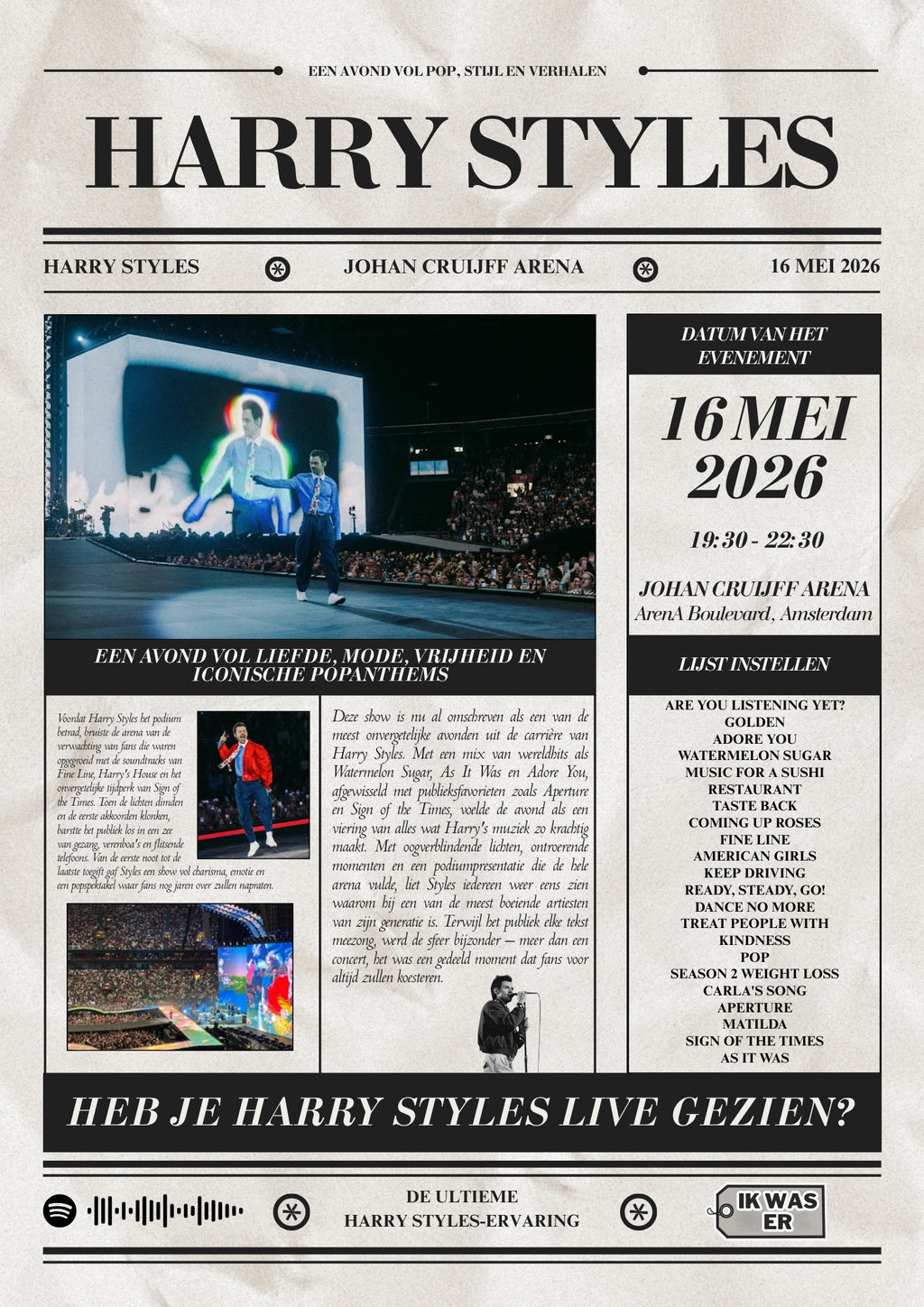 Harry Styles - Personalised Newspaper Style Concert Poster (Dutch)
