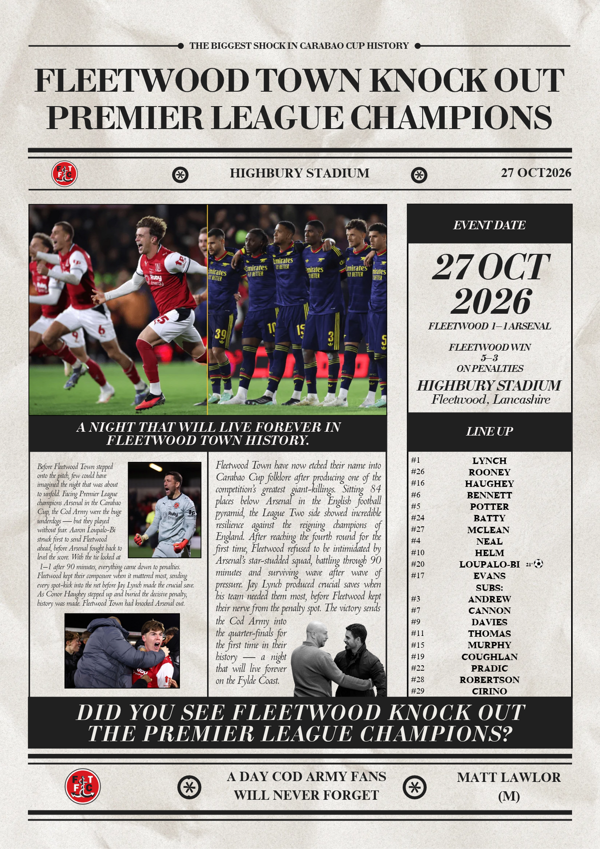 Fleetwood Town vs Arsenal – Carabao Cup 2026 Poster