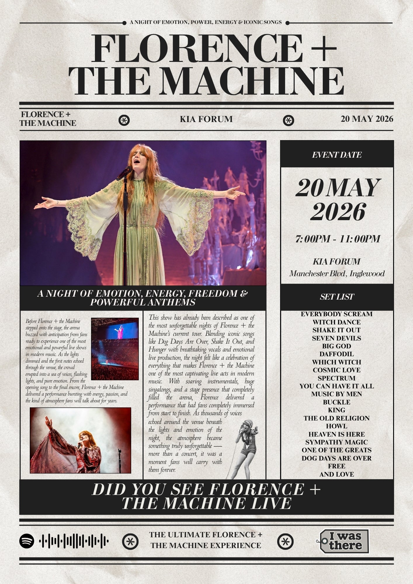 Florence + The Machine - Personalised Newspaper Style Concert Poster