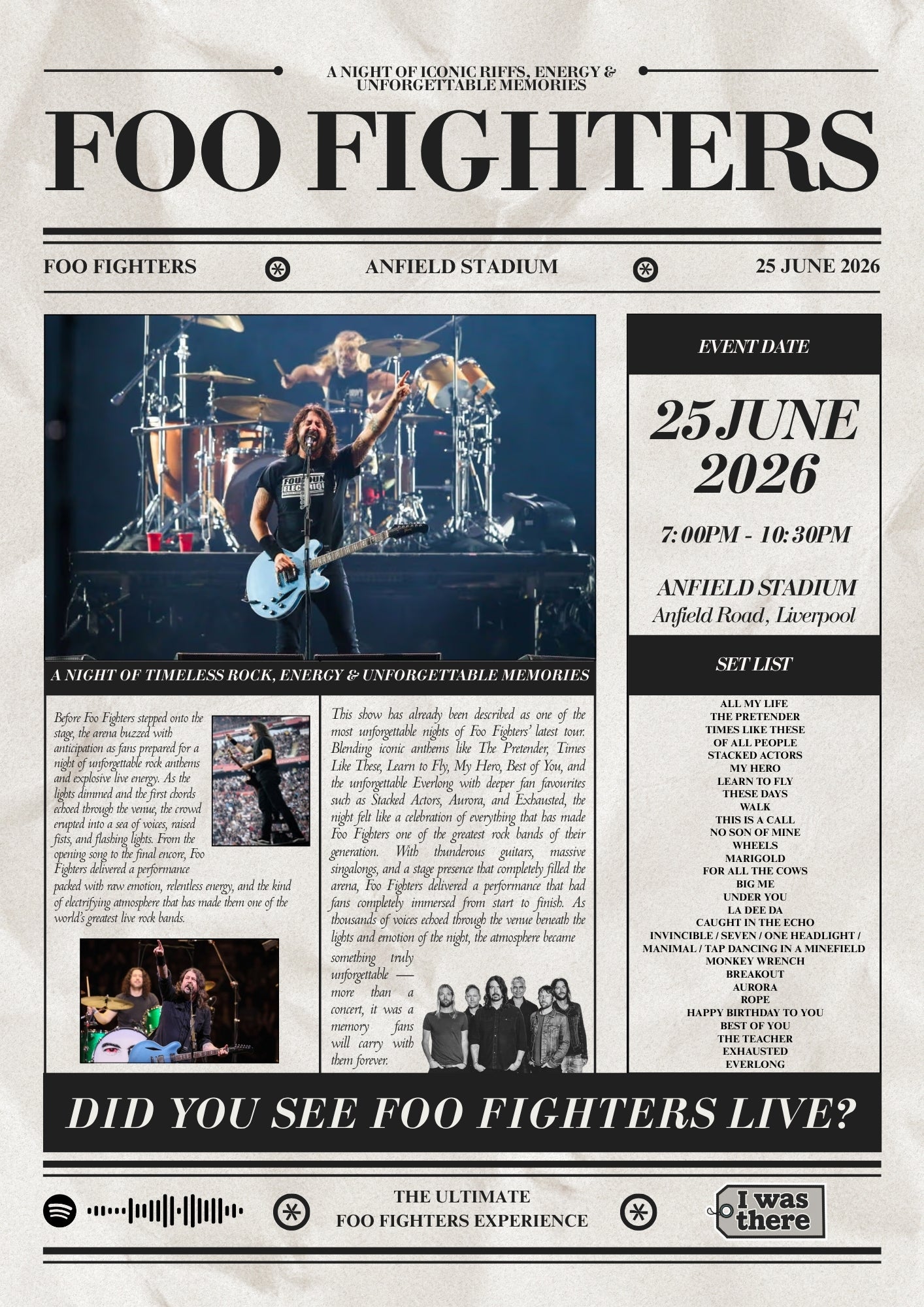 Foo Fighters - Personalised Newspaper Style Concert Posters