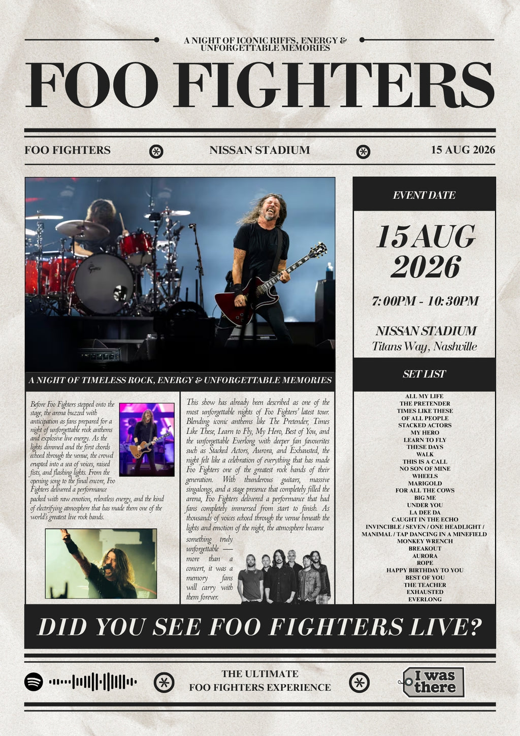 Foo Fighters - Personalised Newspaper Style Concert Poster (USA Tour)