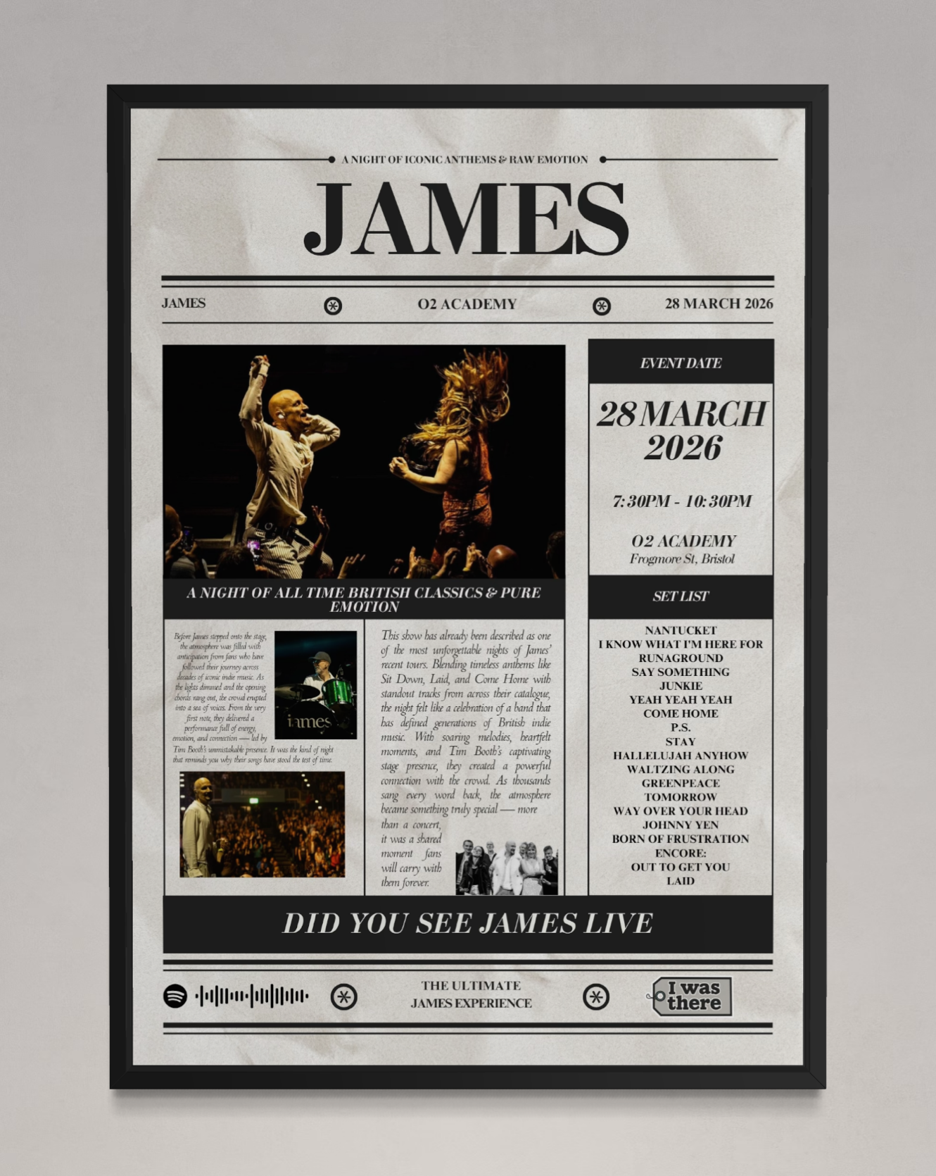 James - Personalised Newspaper Style Concert Poster