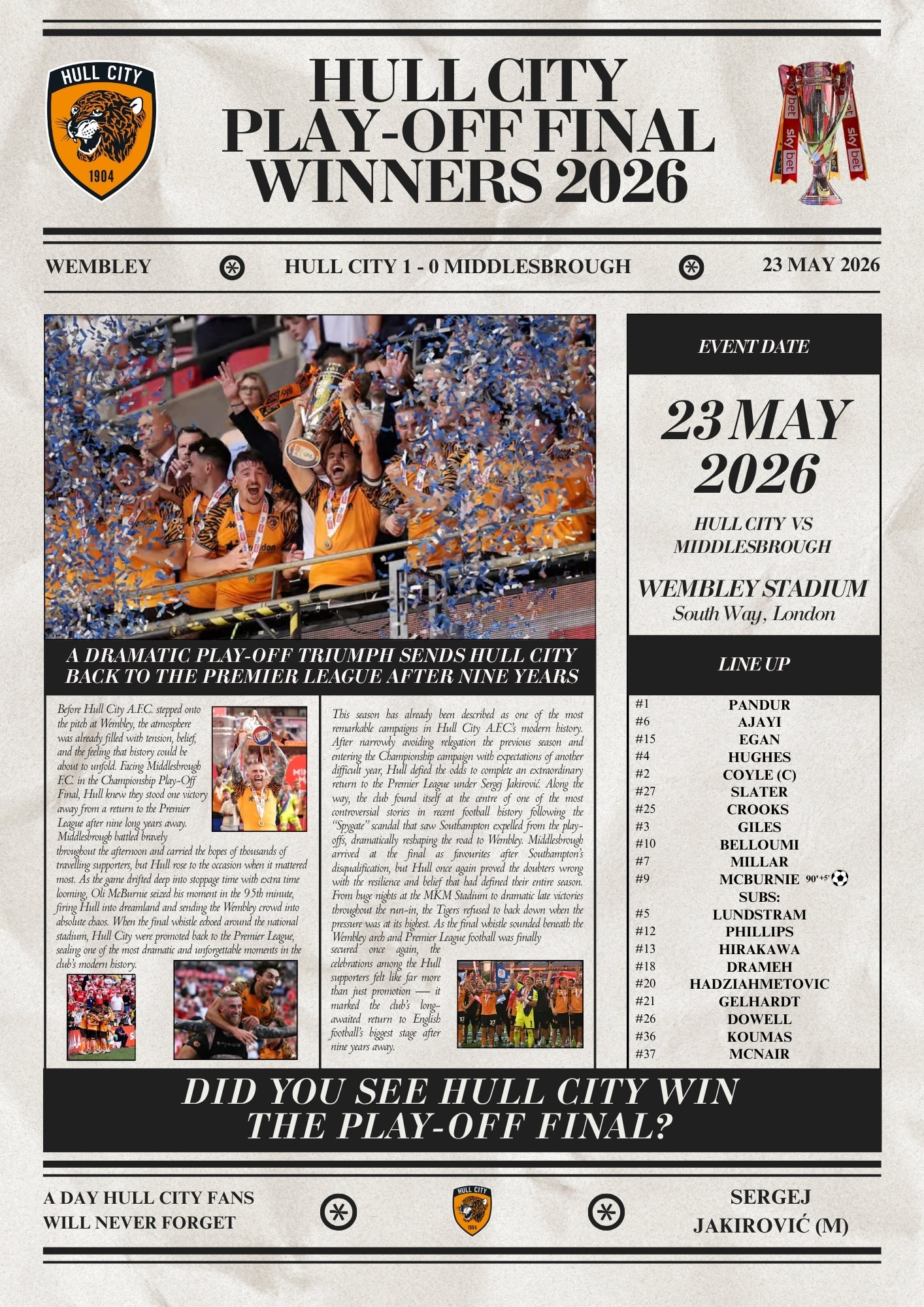 Hull City Play Off Winners 2026 - Newspaper Style Poster