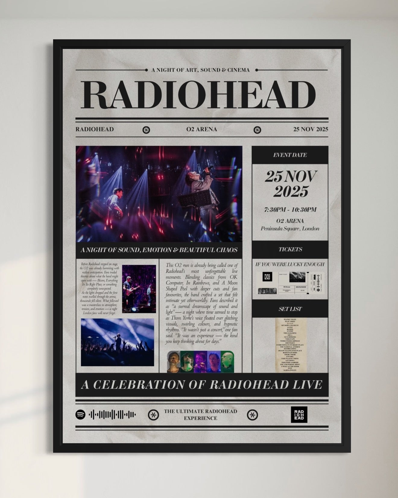 Radiohead O2 London - Personalised Newspaper Style Concert Poster