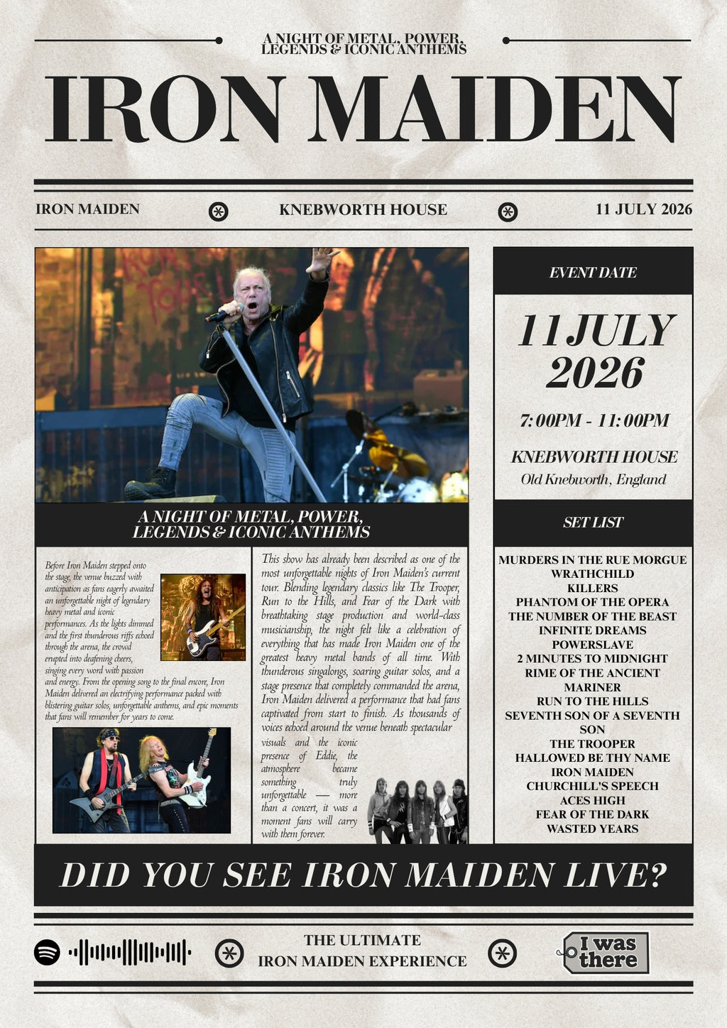 Iron Maiden - Personalised Newspaper Style Concert Poster