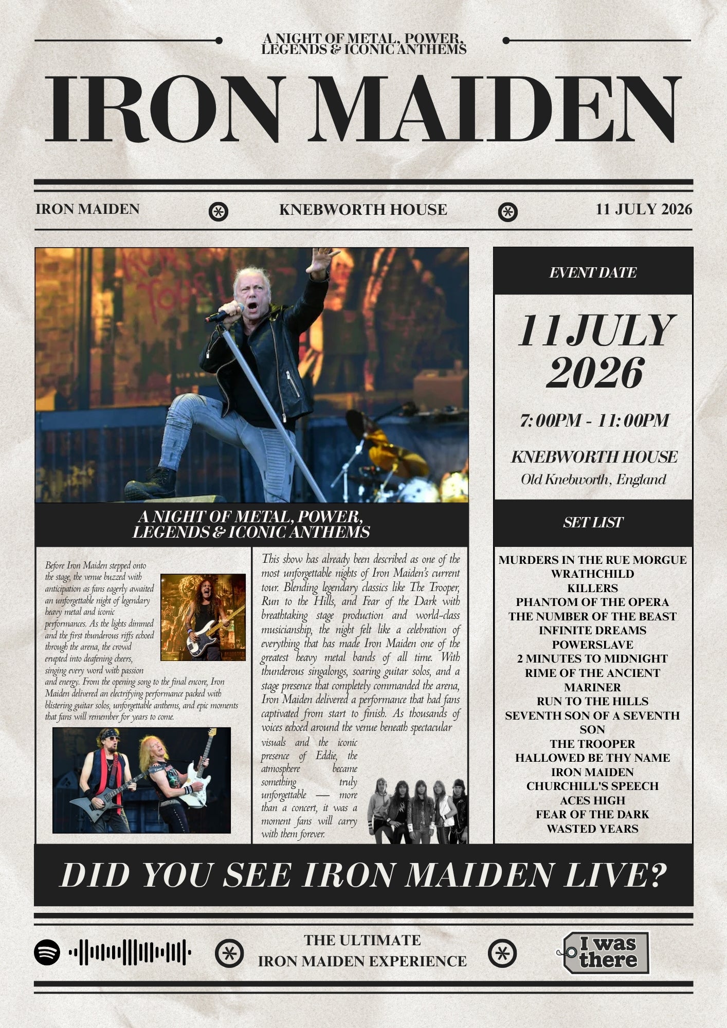 Iron Maiden - Personalised Newspaper Style Concert Poster