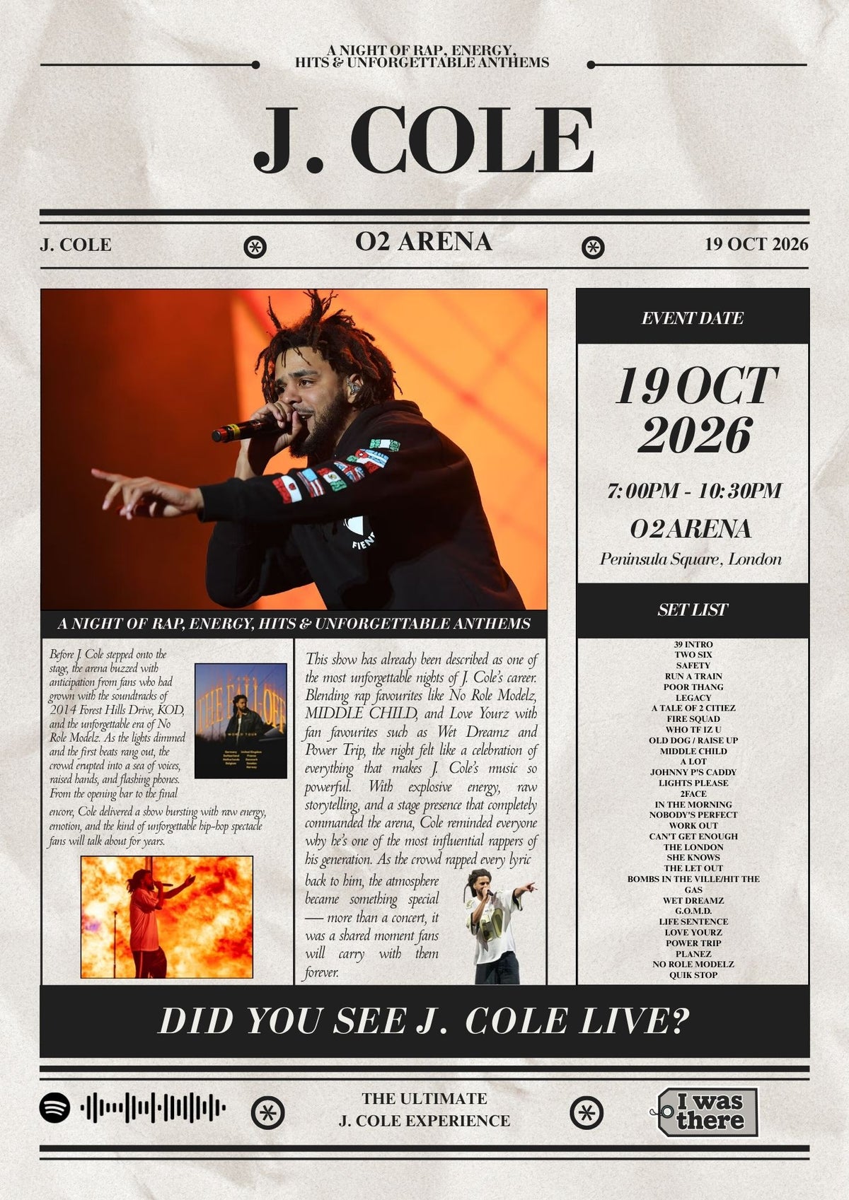 J Cole - Personalised Newspaper Style Concert Poster