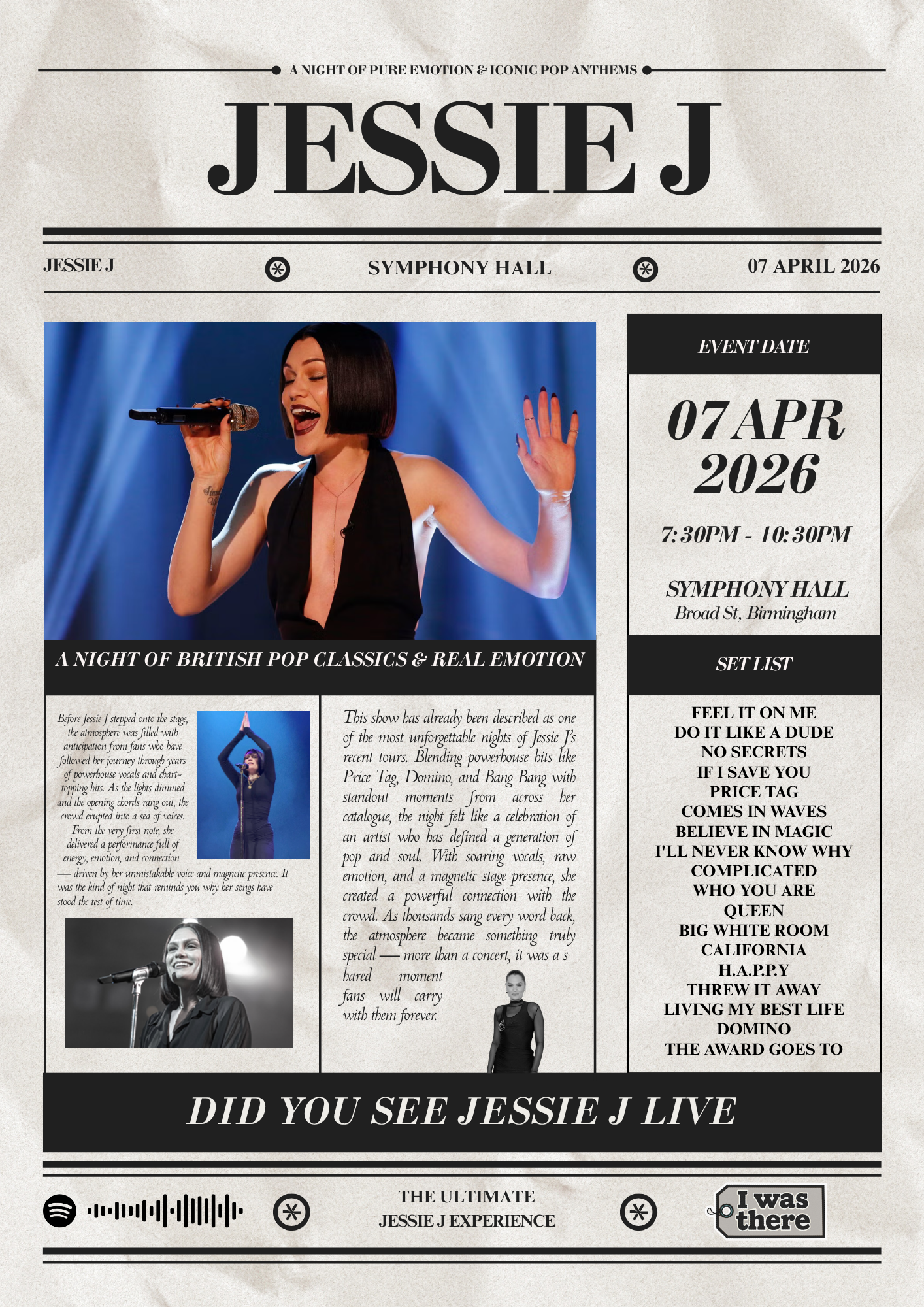 Jessie J - Personalised Newspaper Style Concert Poster