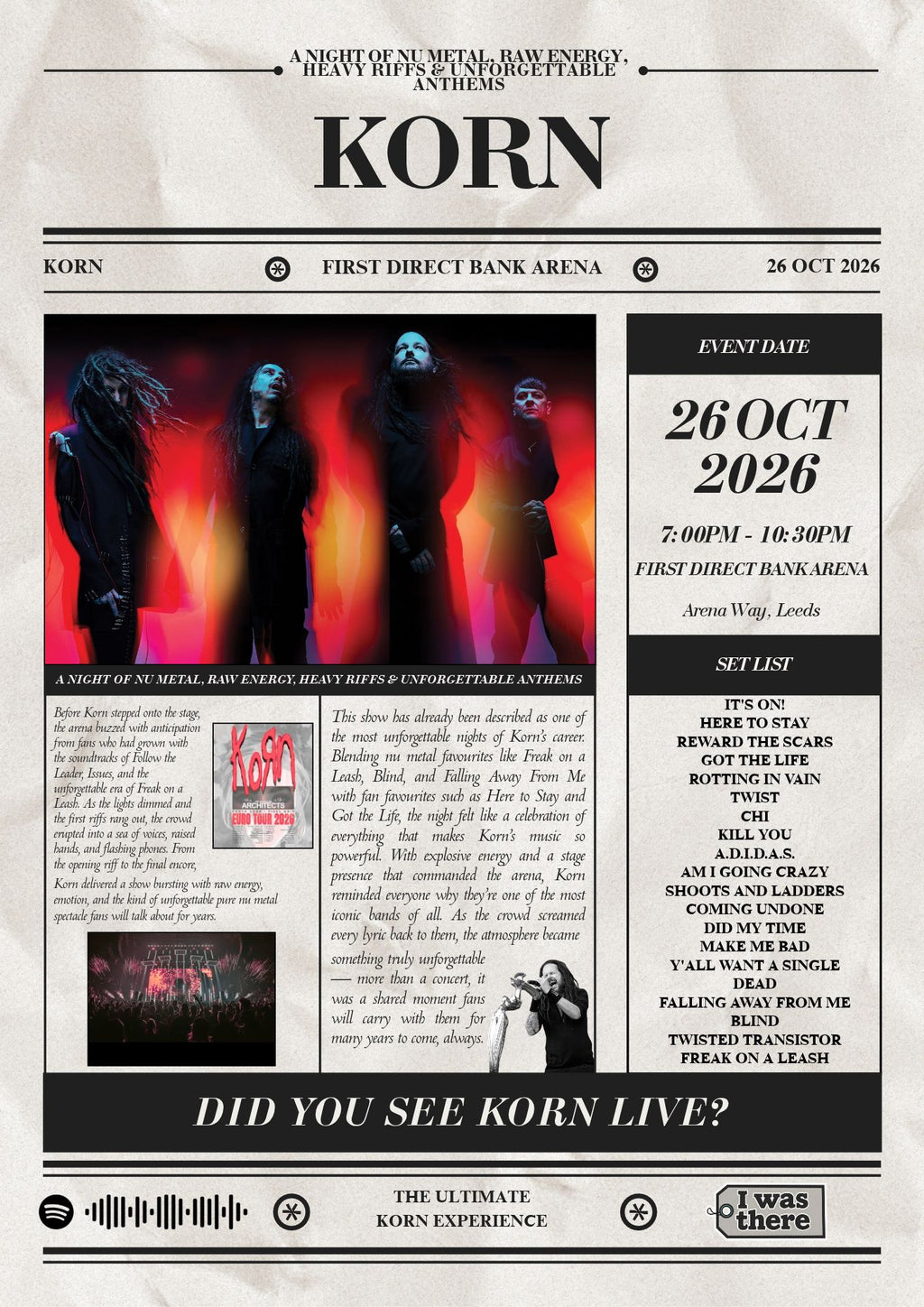 Korn - Personalised Newspaper Style Concert Poster