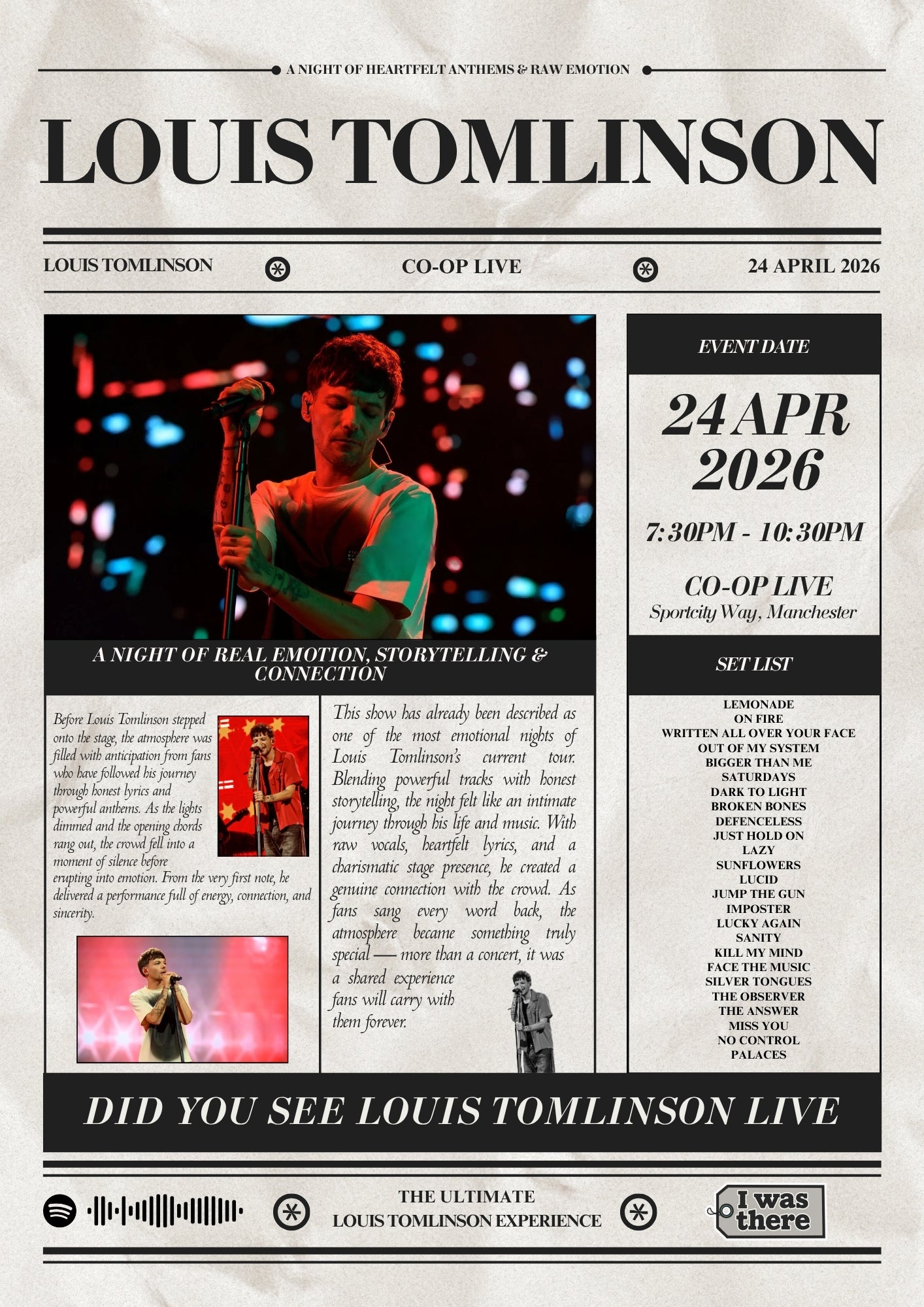 Louis Tomlinson - Personalised Newspaper Style Concert Poster