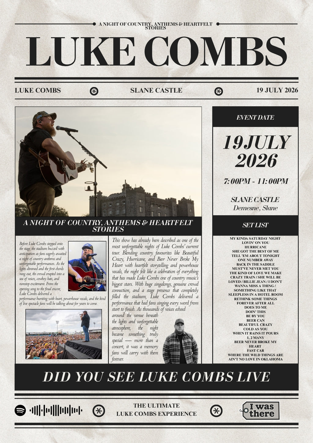 Luke Combs - Personalised Newspaper Style Concert Poster