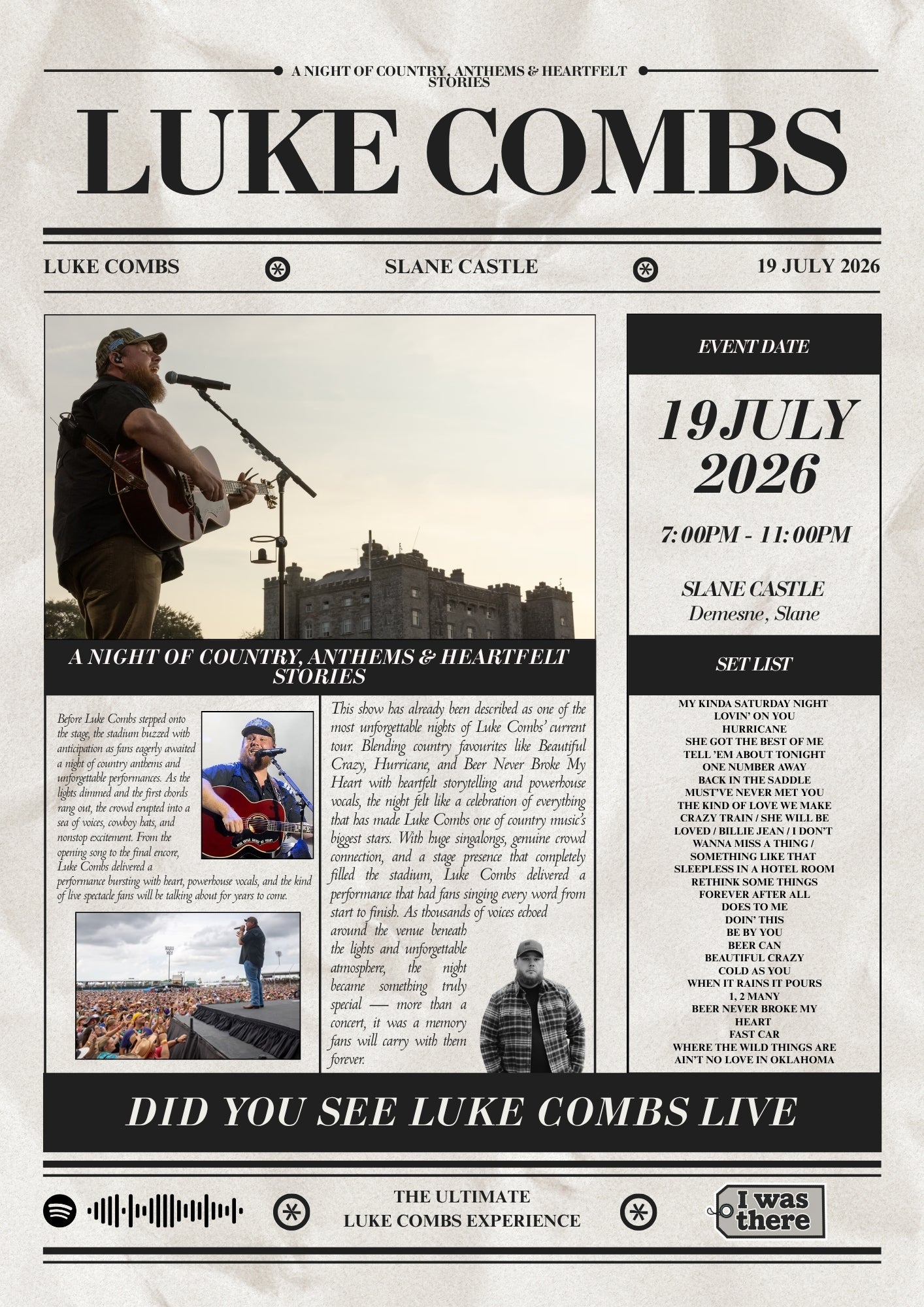 Luke Combs - Personalised Newspaper Style Concert Poster