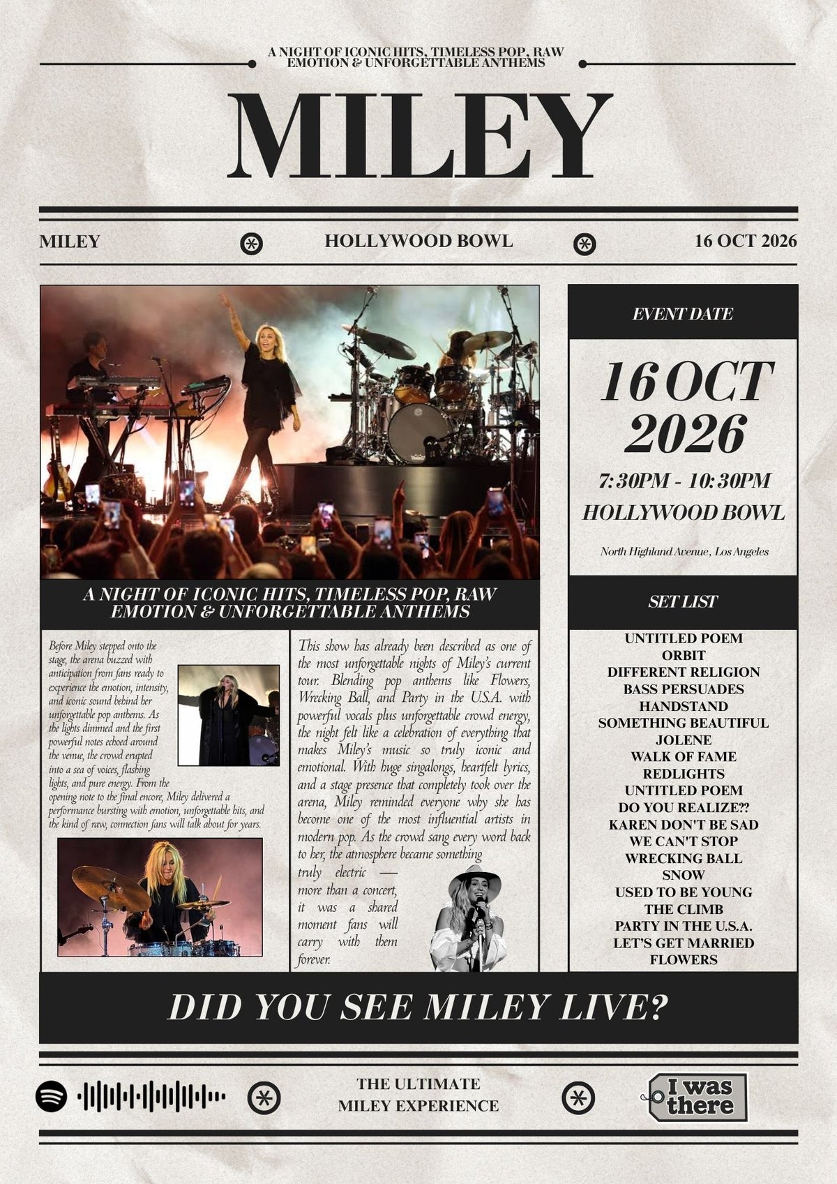 MILEY - Personalised Newspaper Style Concert Poster (USA Tour)