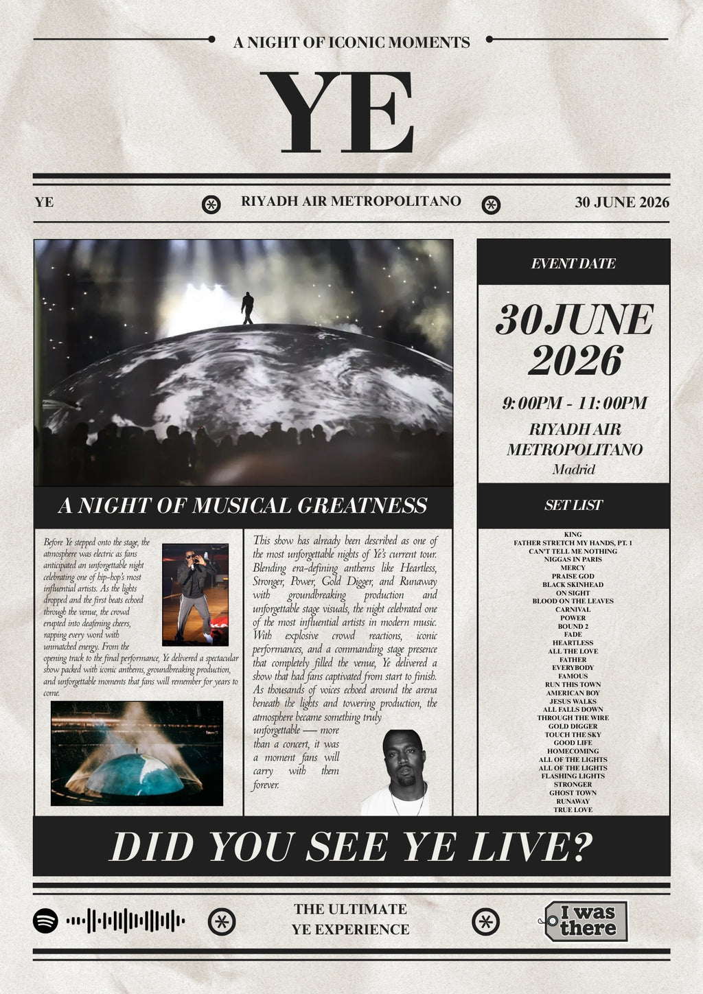 Kanye West - Personalised Newspaper Style Concert Poster (Europe)