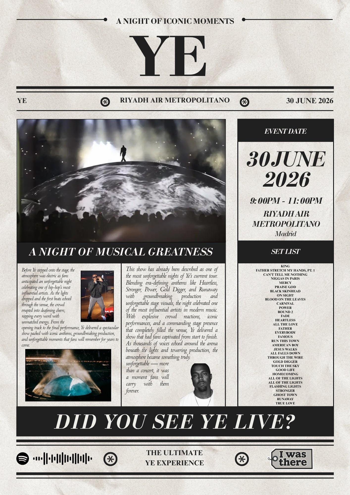 Kanye West - Personalised Newspaper Style Concert Poster (Europe)