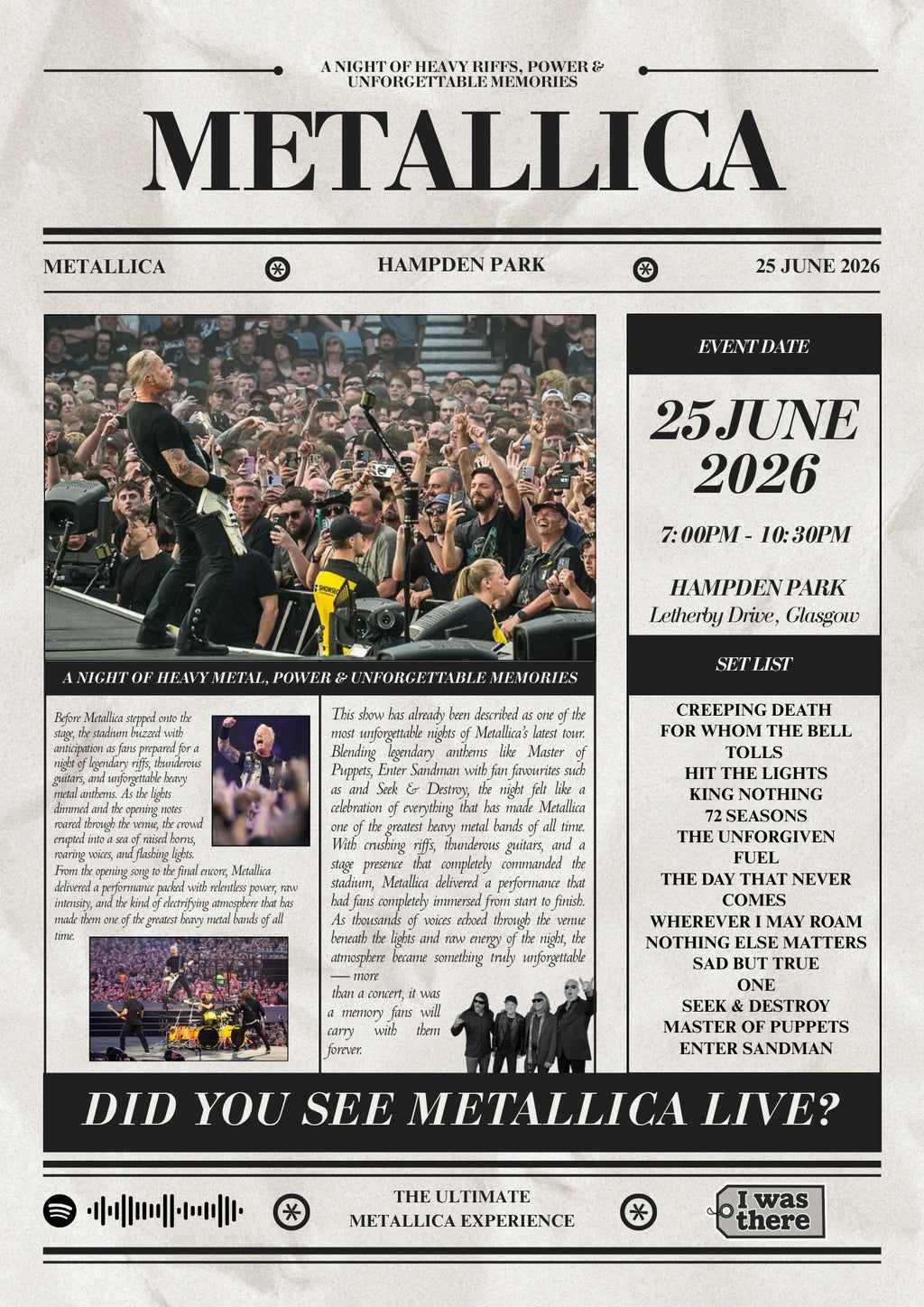 Metallica - Personalised Newspaper Style Concert Poster