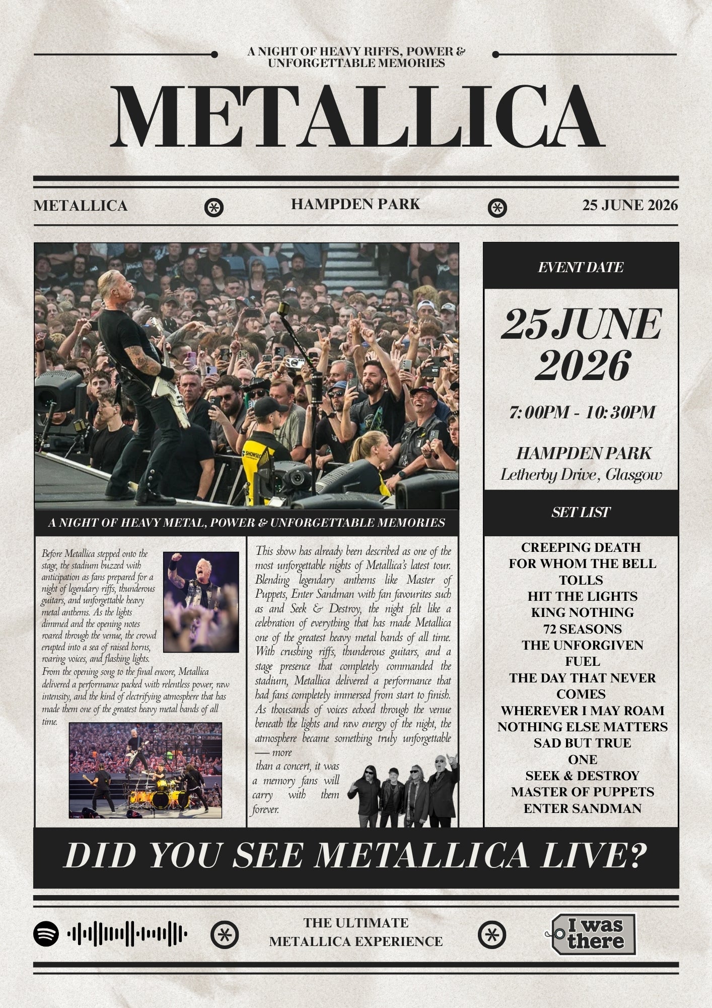 Metallica - Personalised Newspaper Style Concert Poster