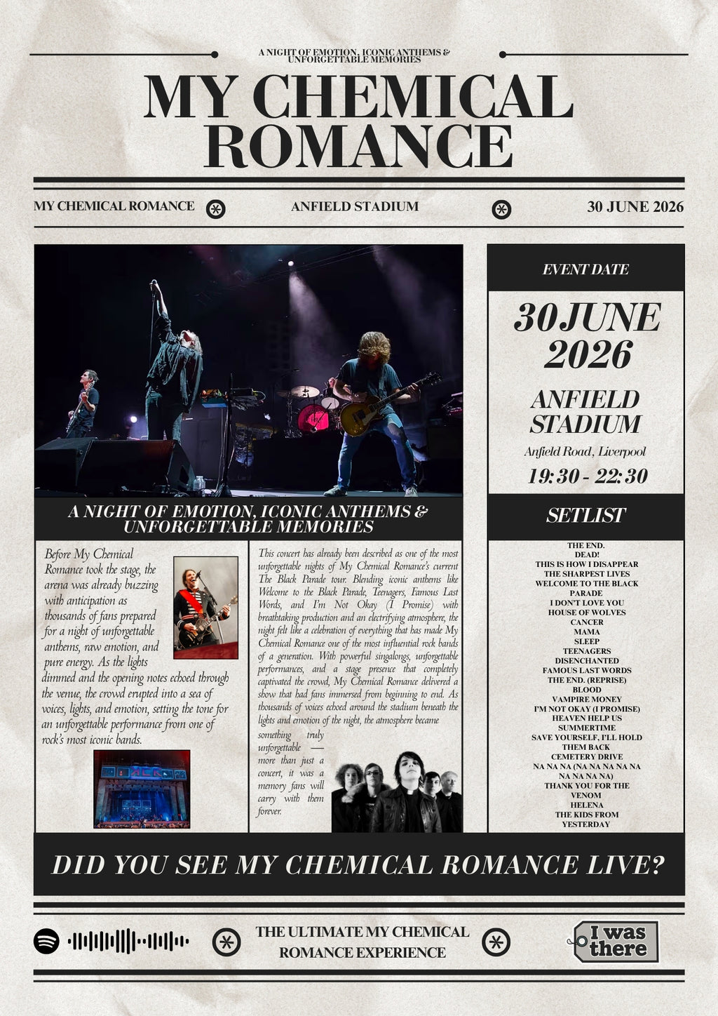 My Chemical Romance - Personalised Newspaper Style Concert Poster