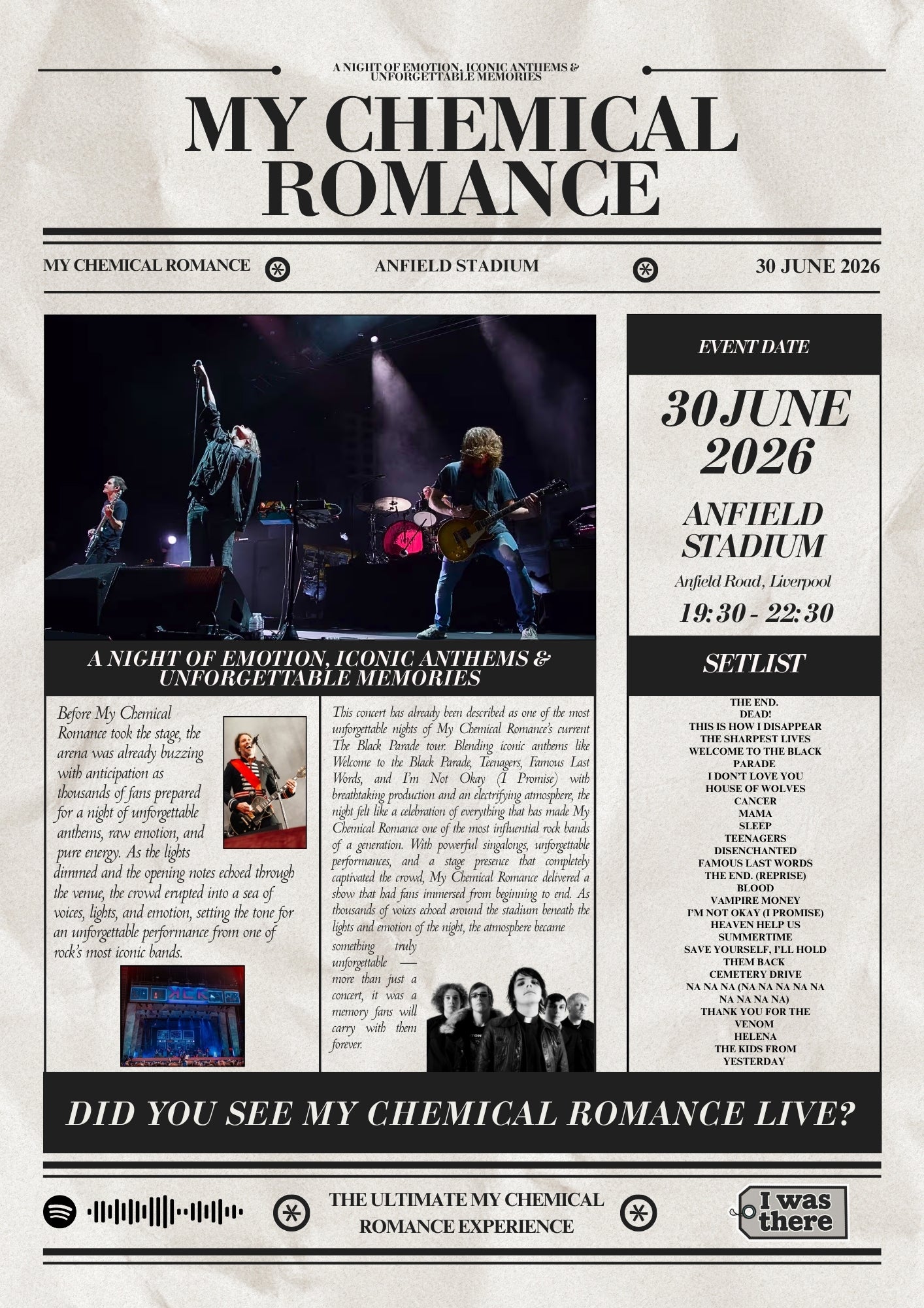 My Chemical Romance - Personalised Newspaper Style Concert Poster