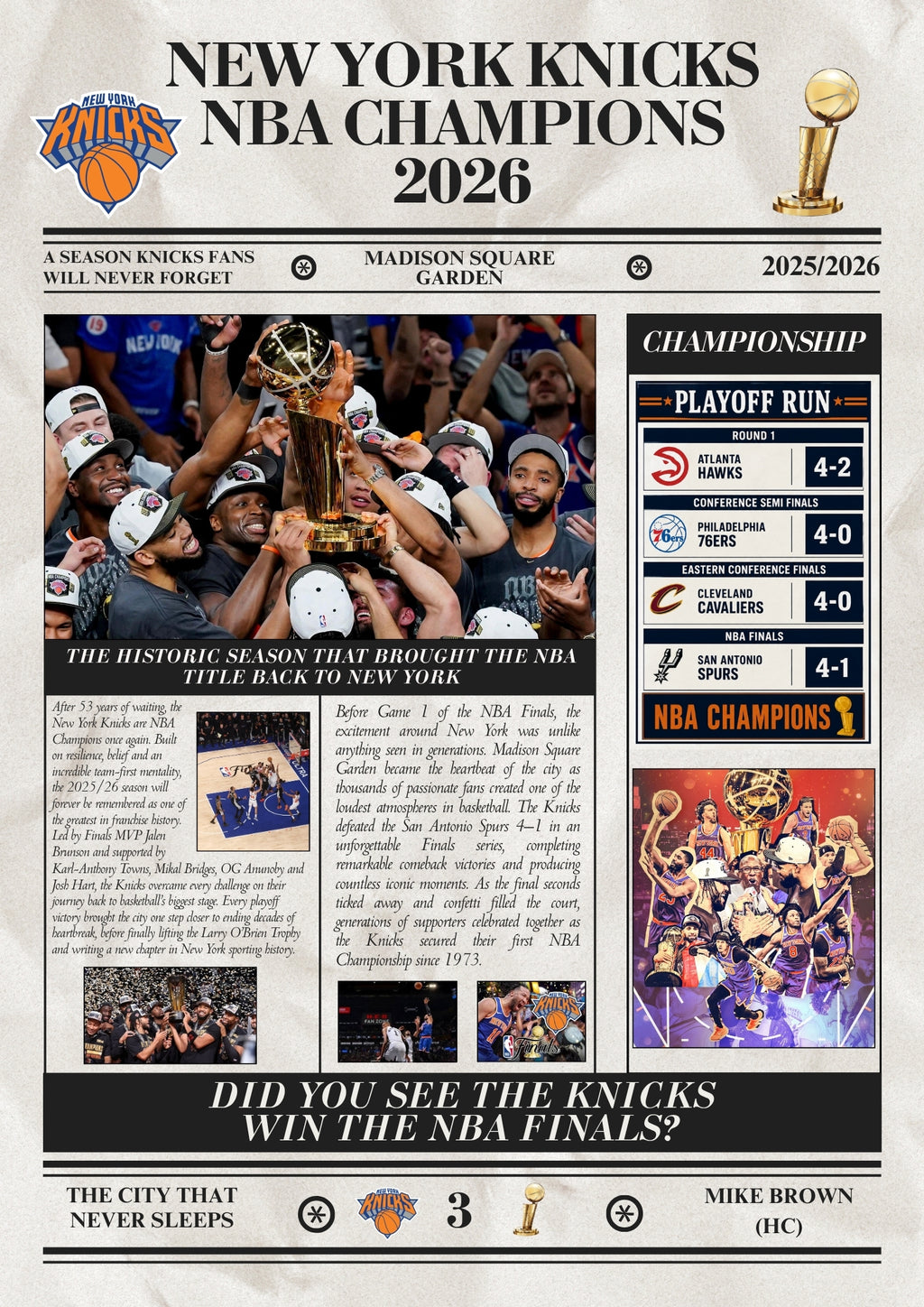 New York Knicks NBA Champions 2026 - Newspaper Style Poster
