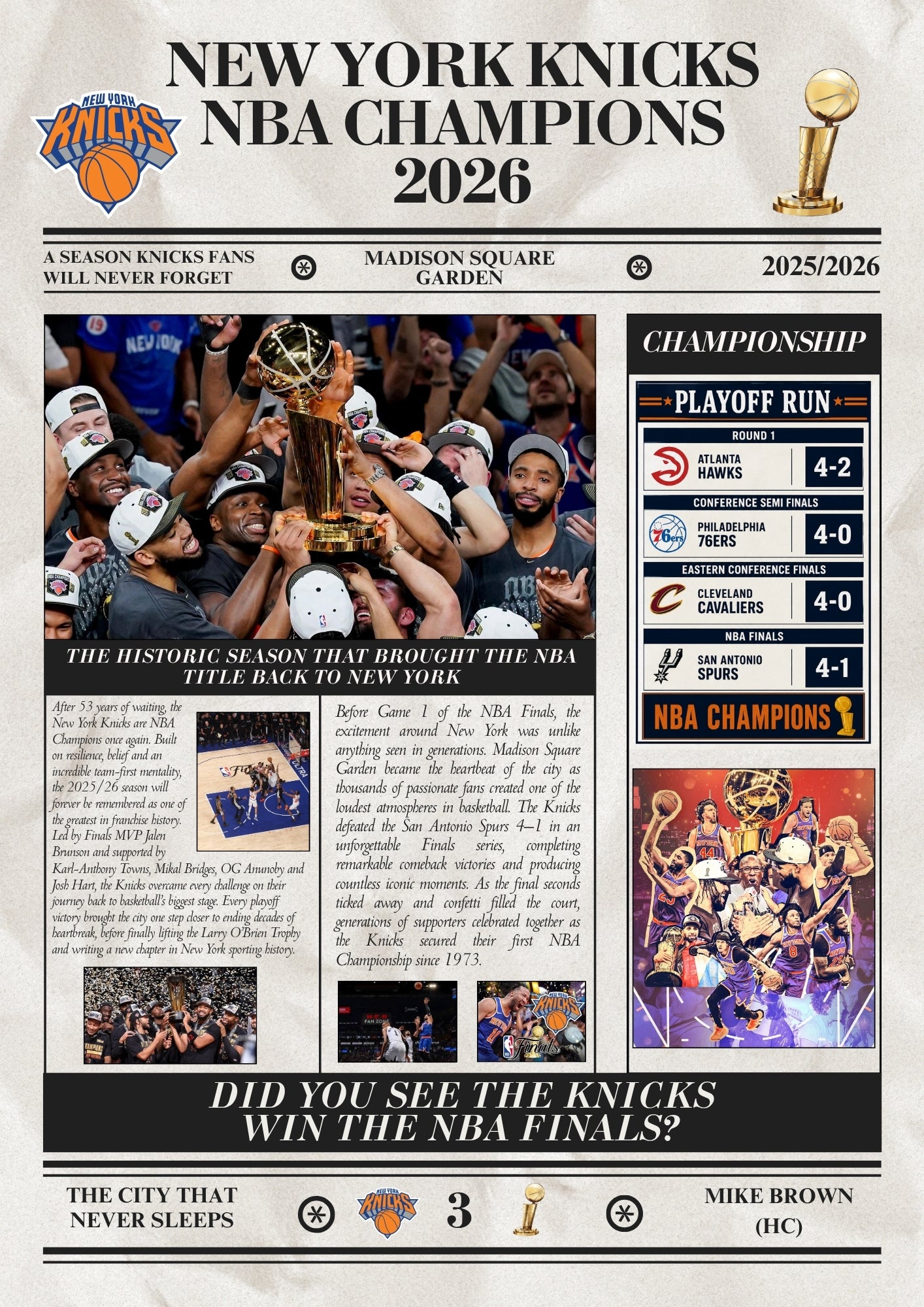 New York Knicks NBA Champions 2026 - Newspaper Style Poster
