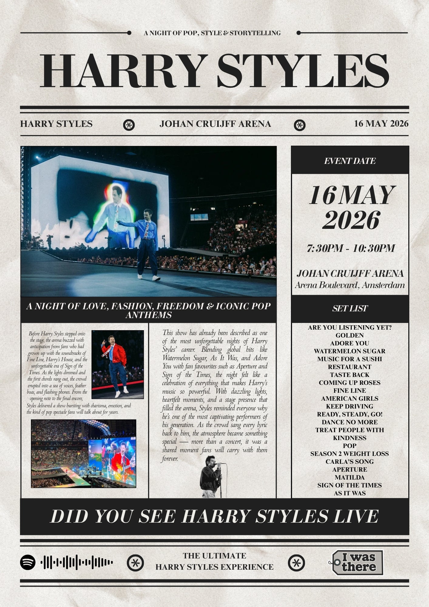 Harry Styles - Personalised Newspaper Style Concert Poster (Amsterdam Dates)