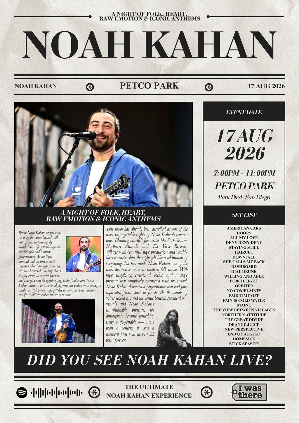 Noah Kahan - Personalised Newspaper Style Concert Poster (USA Tour)
