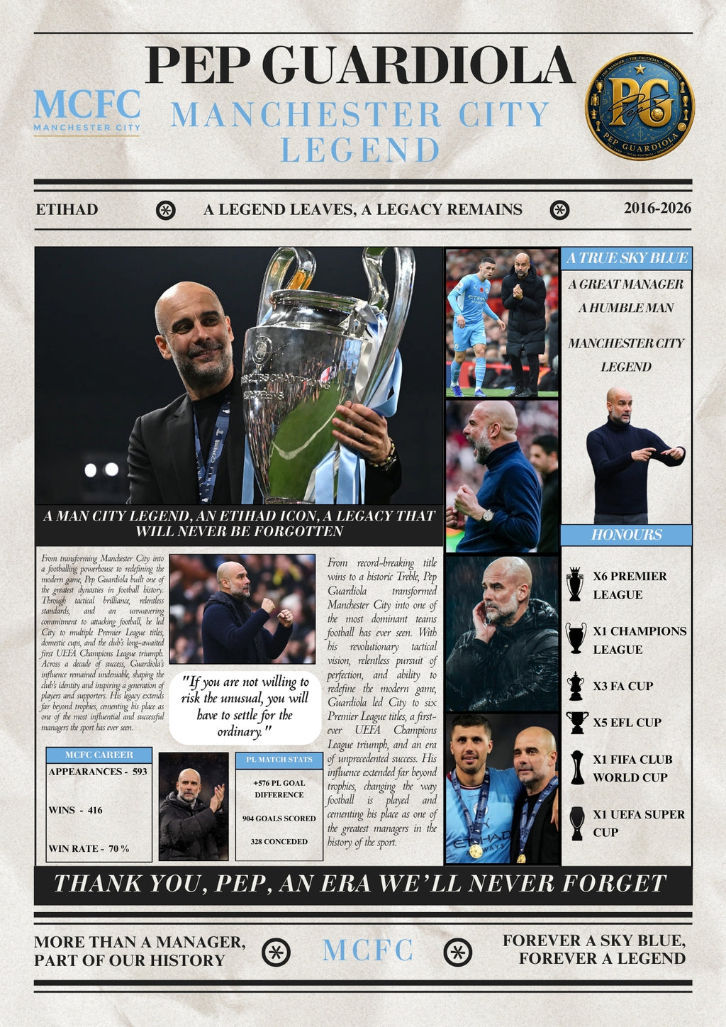 Pep Guardiola Man City Legends Poster - Newspaper Print