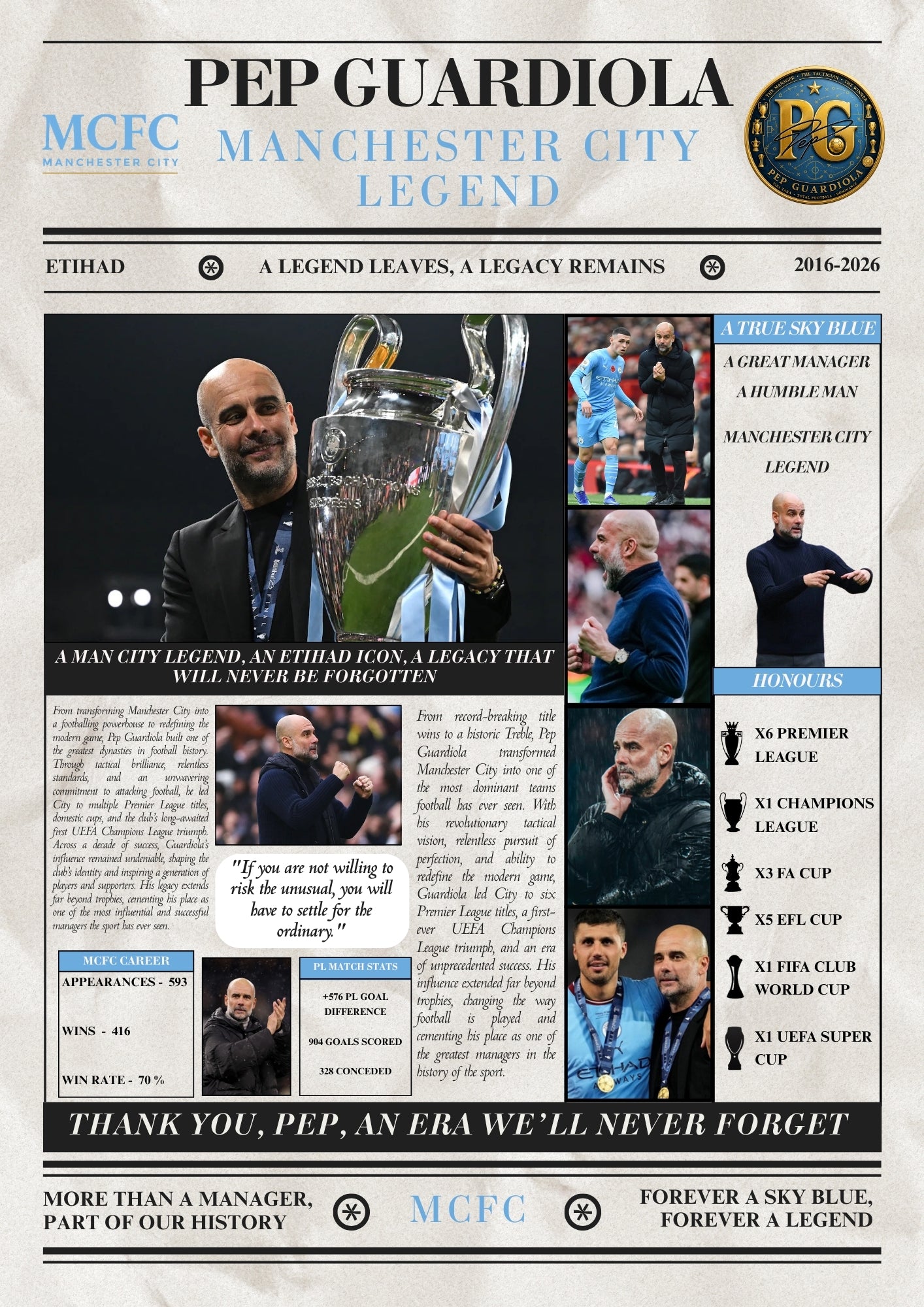 Pep Guardiola Man City Legends Poster - Newspaper Style Print