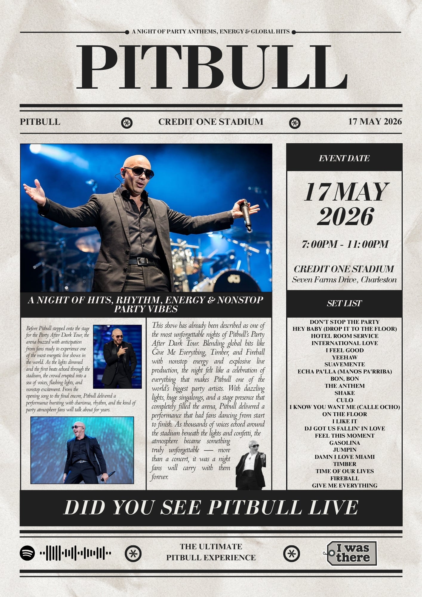 Pitbull - Personalised Newspaper Style Concert Poster