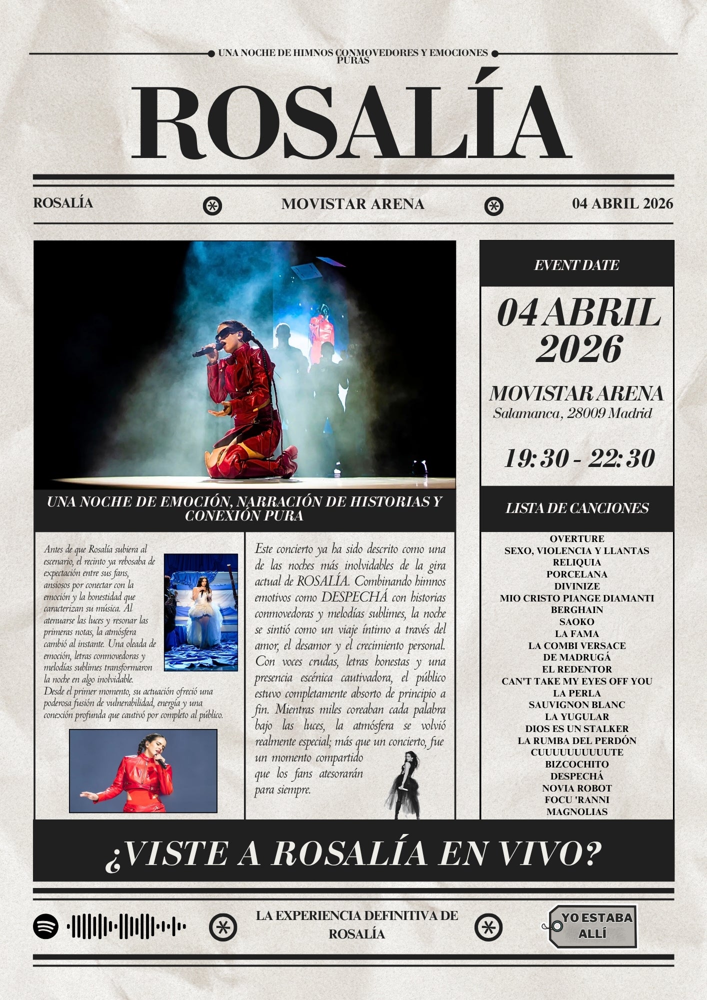 ROSALÍA - Personalised Newspaper Style Concert Poster (Spanish Dates)